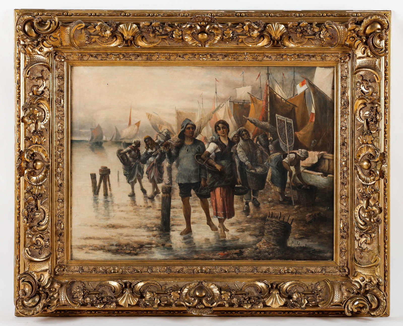 Louis Gartner (Dutch, b. 19th C.) Painting: Louis Gartner (Dutch, b. 19th C.) Untitled (Coastal Fish Mongers), oil painting on canvas, signed. Framed. Size: 29'' x 39.5'', 74 x 100 cm (stretcher); 45'' x 55'', 114 x 140 cm (frame).
