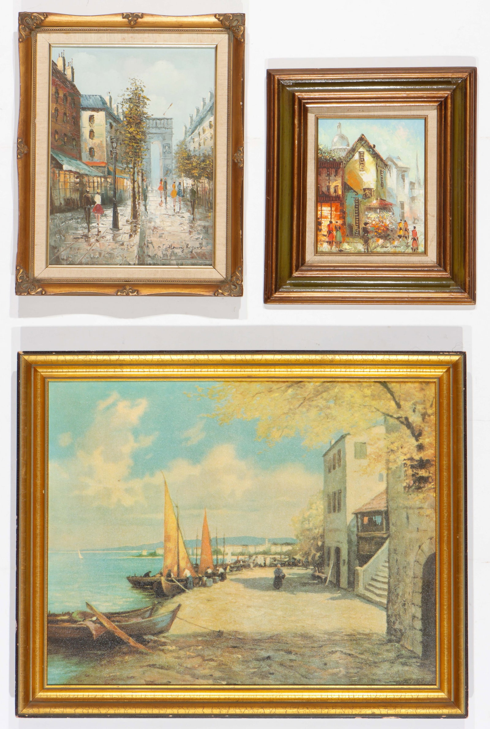 2 European-Style Paintings and One Offset Lithograph: 2 European-Style Paintings and One Offset Lithograph. 1) Large offset lithograph canvas print of boats in a harbor, signed W. Richter. Framed. 2) Henry Rogers (20th C.) Untitled Parisian street scene,