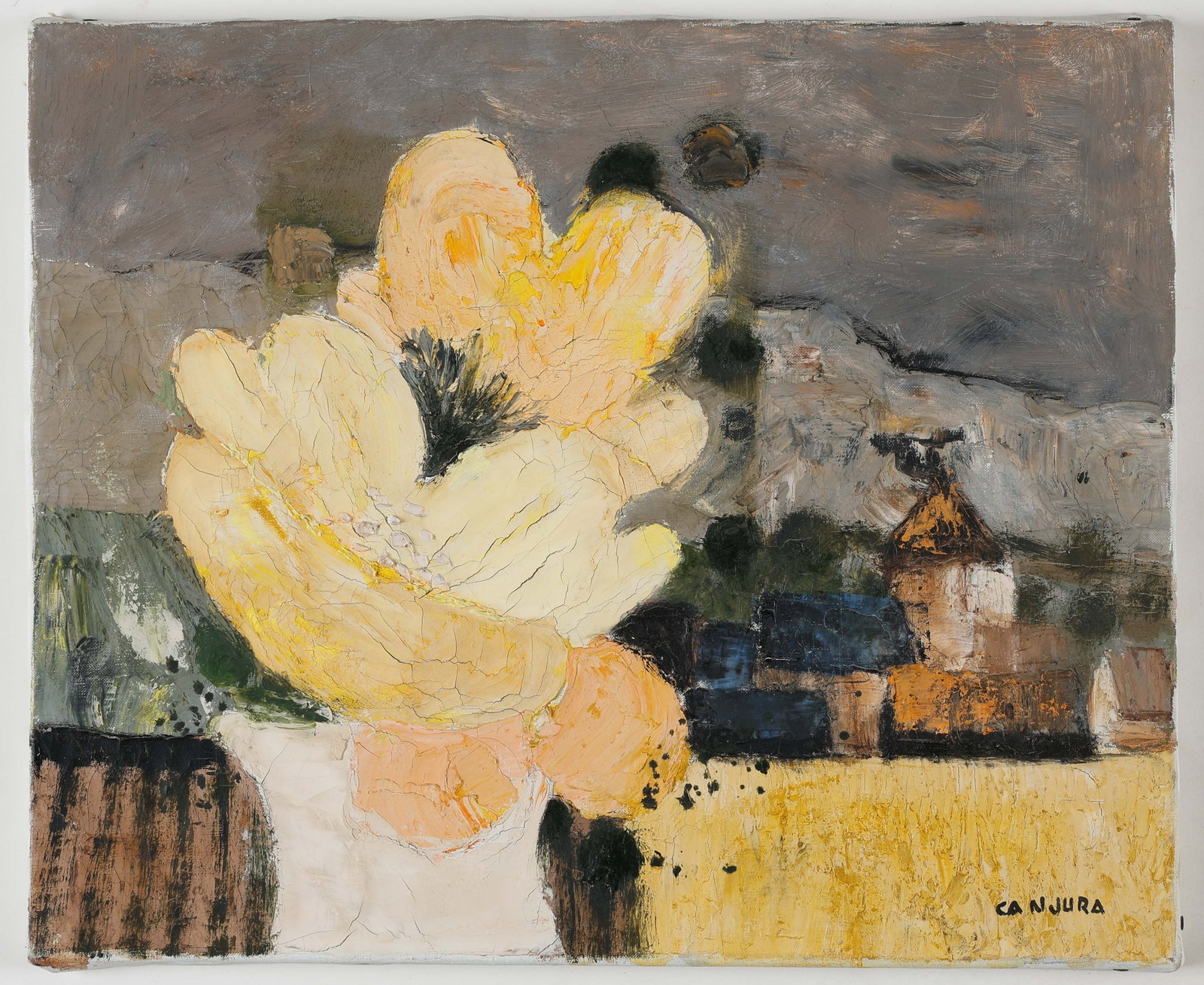 Noe Canjura (Salvadoran, 1922-1970) Painting: Noe Canjura (Salvadoran, 1922-1970) oil on canvas, signed; verso titled:"Fenetre sur Village." Size: 1) 15'' x 18'', 38 x 46 cm (stretcher).