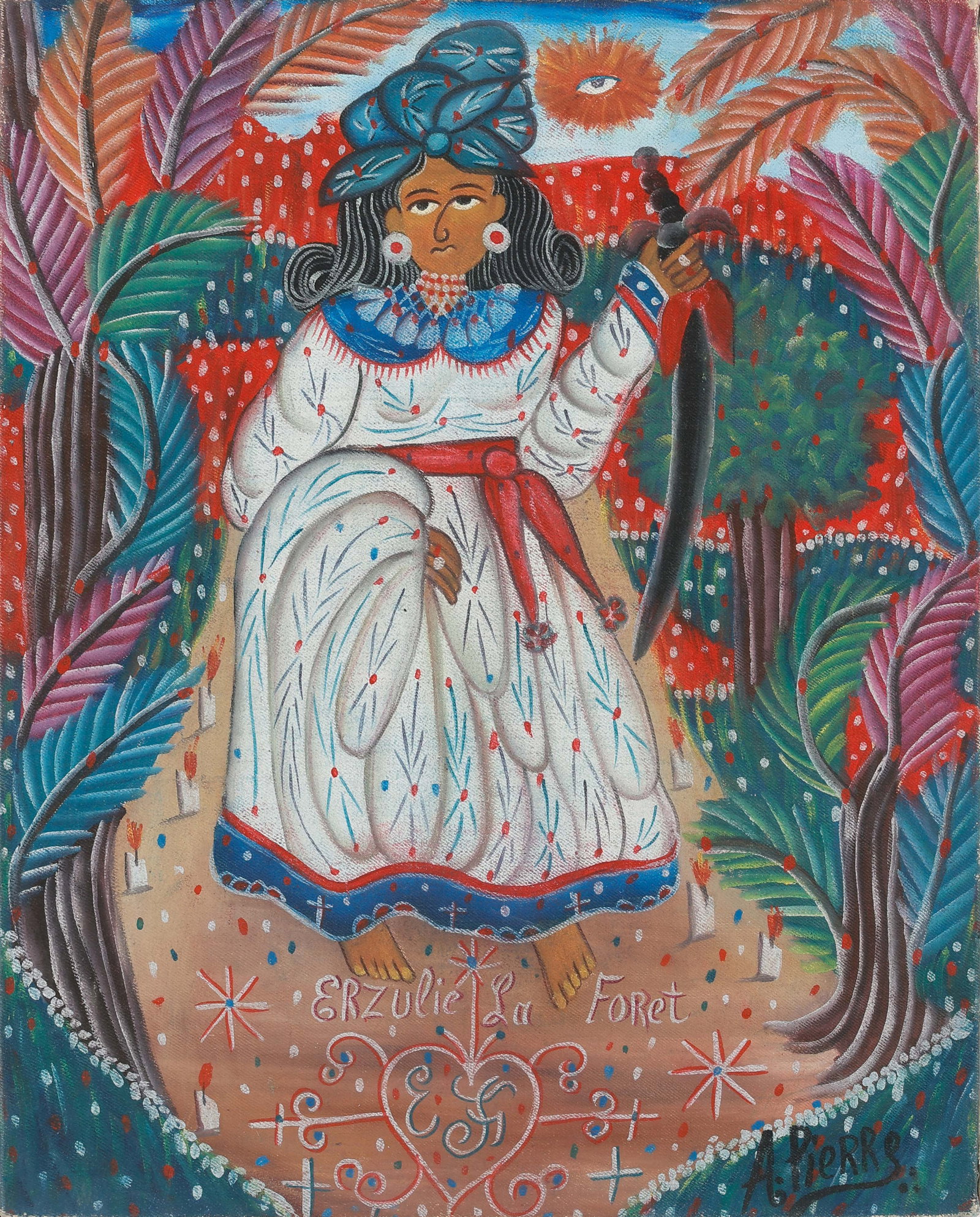 Andre Pierre (Haitian, 1916-2005) Erzulie La Foret: Andre Pierre (Haitian, 1916-2005) "Erzulie La Foret," oil painting on canvas, signed. Unframed. Size: 23'' x 18.5'', 58 x 47 cm (stretcher).