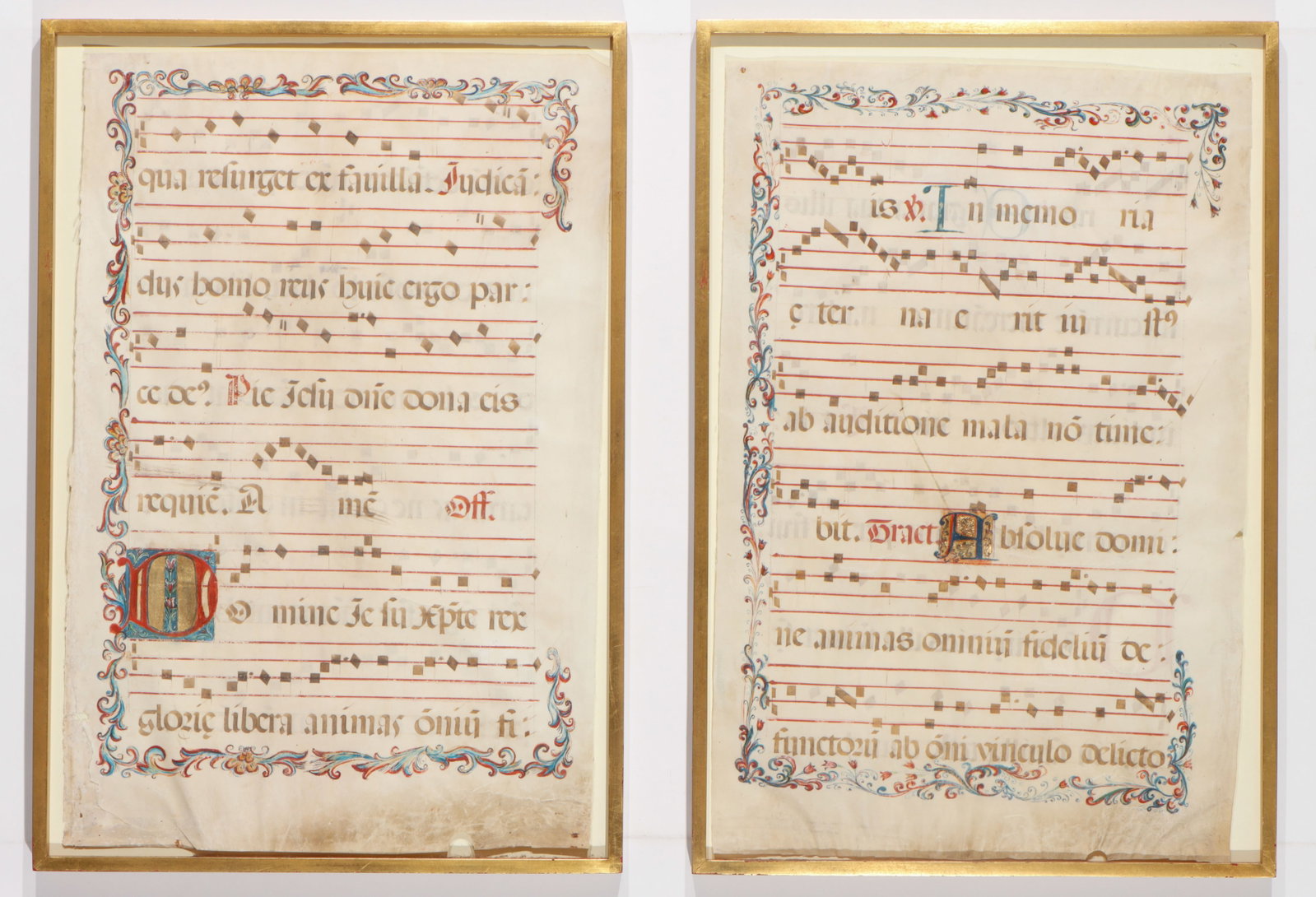 2 Framed Gregorian Antiphonal Musical Manuscript Pages, Spanish, 15th-16th C. (1 of 4)
