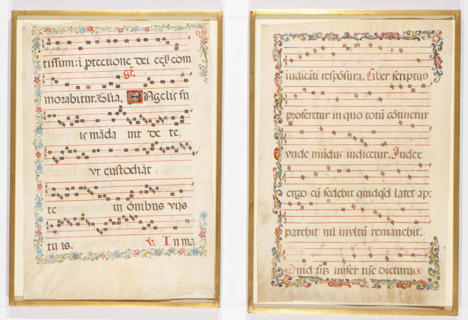 2 Framed Gregorian Antiphonal Musical Manuscript Pages, Spanish, 15th-16th C. (1 of 4)