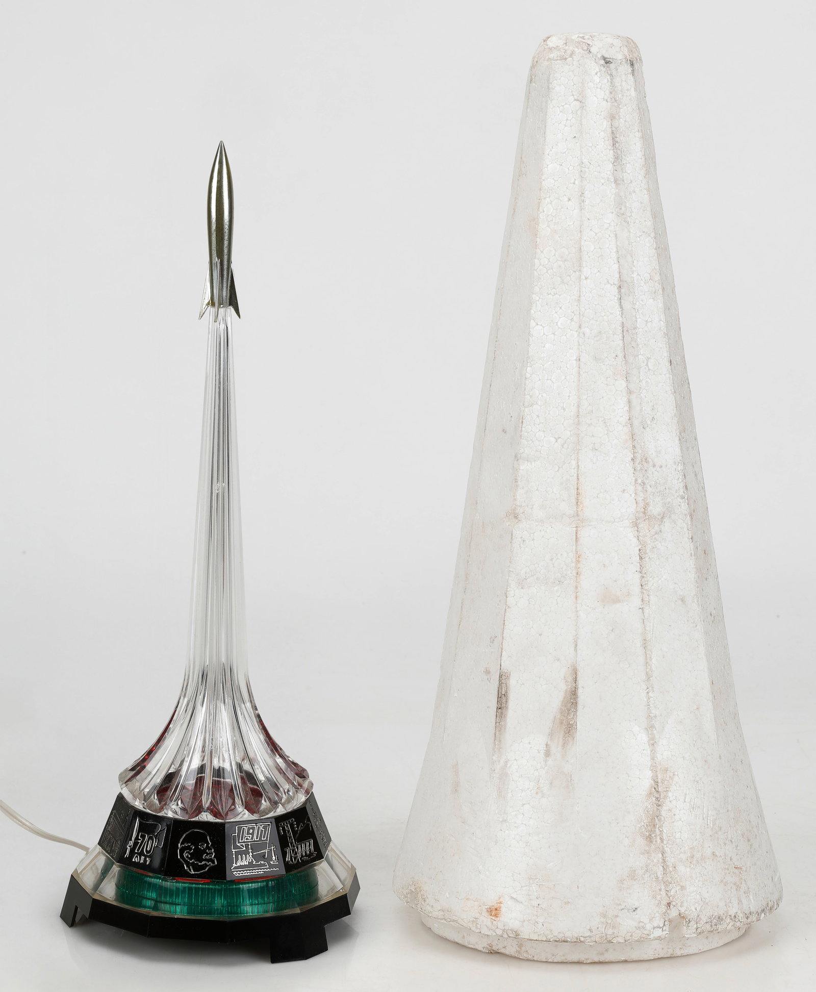 Vintage Soviet Rocket Table Lamp: Vintage Soviet Rocket Table Lamp. C. 1970s. Russian, commemorating the 1961 'Vostok-1' flight, on which cosmonaut Yuri Gagarin (1934-1968) became the first human to journey into outer space. This lot 