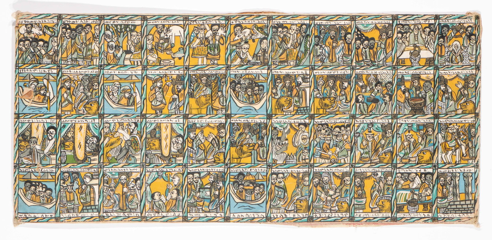King Solomon And The Queen Of Sheba, Ethiopia, Mid 20th C.: King Solomon And The Queen Of Sheba, Ethiopia, Mid 20th C. 44 panel storyboard, oil on canvas laid on board. Unframed. Size: 24'' x 53'', 61 x 135 cm (board).