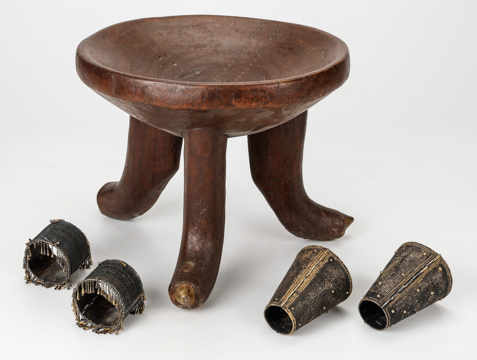 Group Of 4 African Bronze Cuff Bracelets And An African Stool (1 of 5)