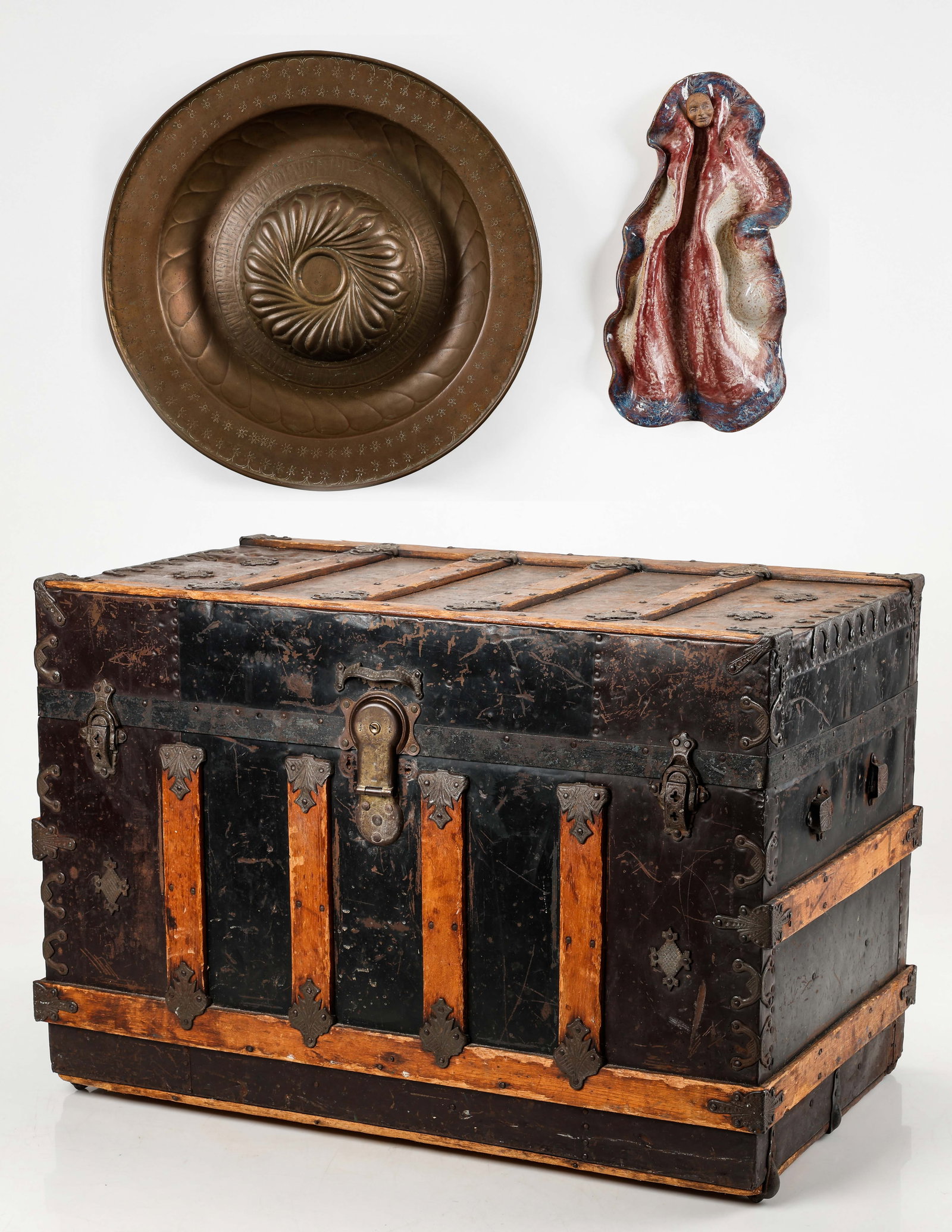 Antique Steamer Trunk, Nuremberg Copper Alms Dish And Figural Art Pottery Wall Hanging (1 of 11)