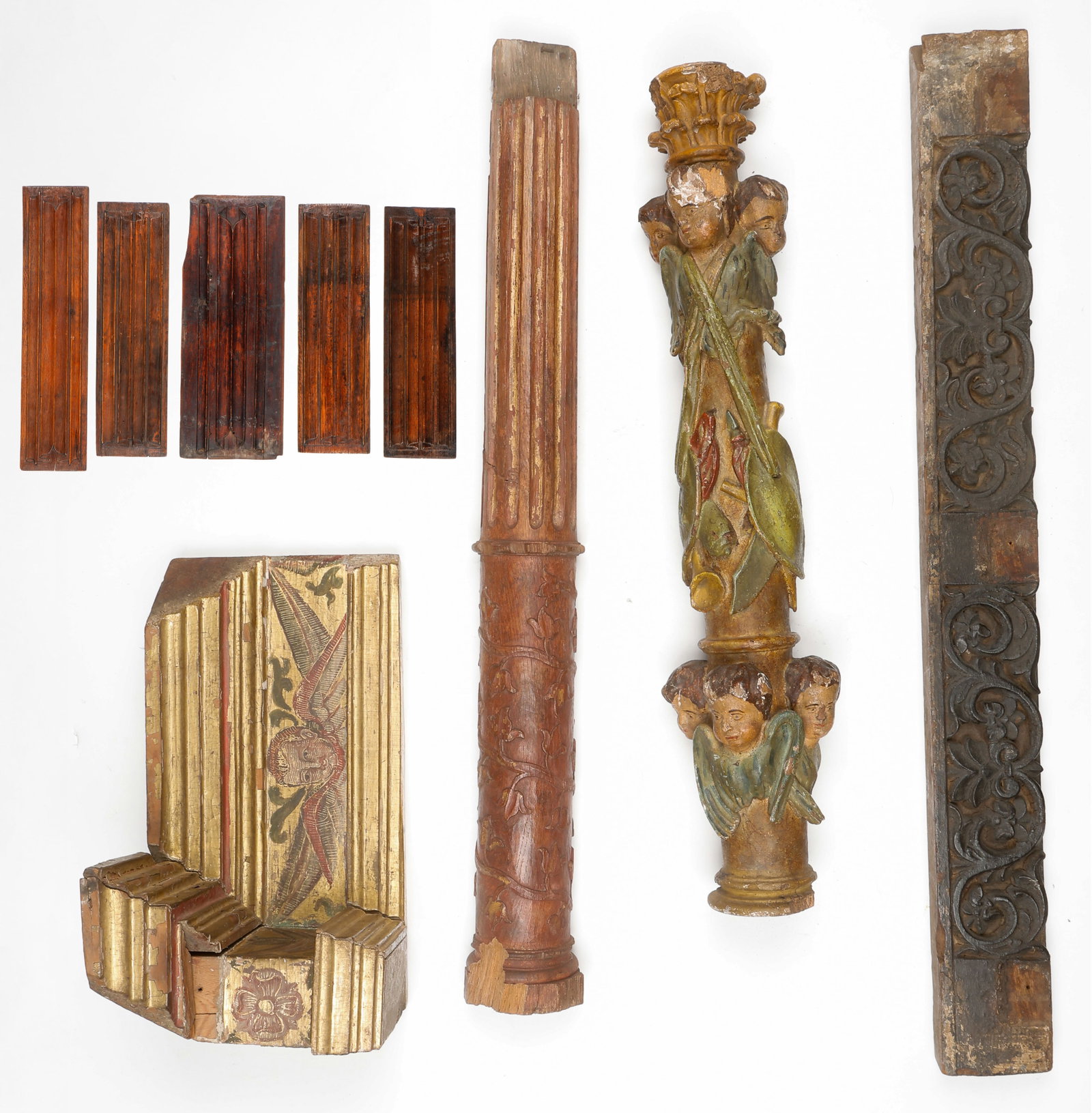 9 Antique Architectural Elements: 9 Antique Architectural Elements. Including 5 Antique Continental Linenfold Panels. Sizes From: 27'' x 8'' (69 x 20 cm); To: 30.5'' x 7'' (77 x 18 cm). 4 Antique Architectural Elements. Ornately carve