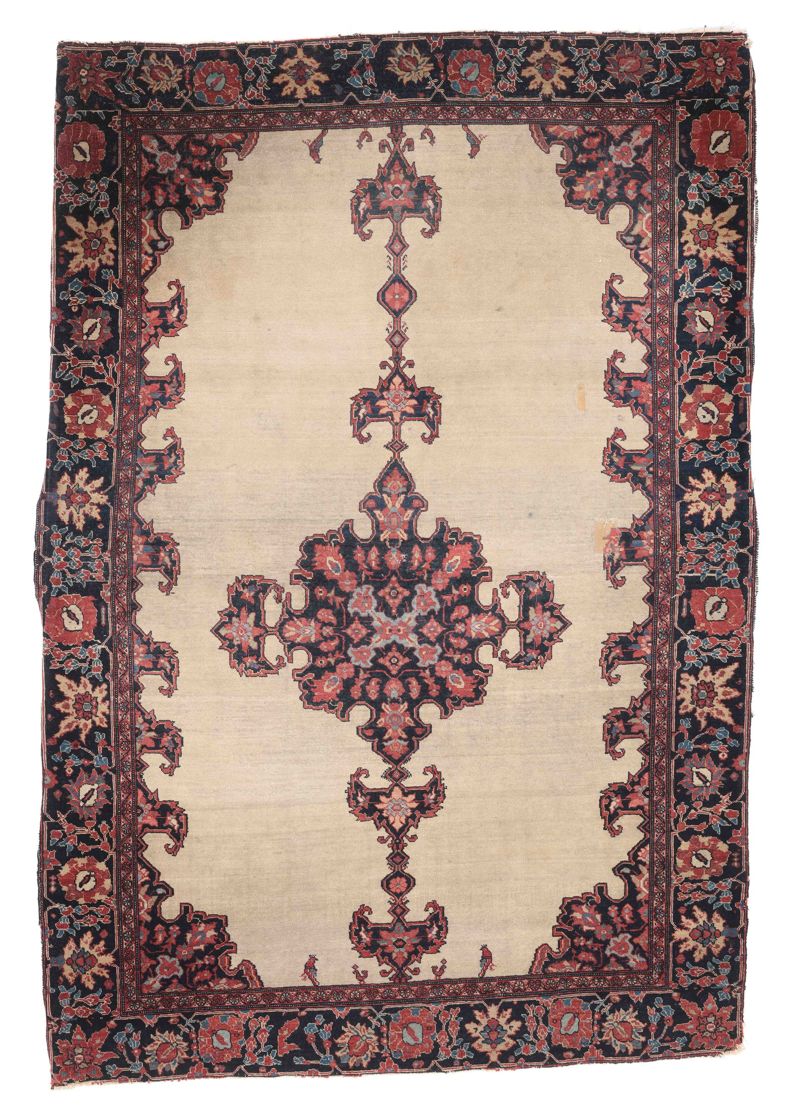 Ivory Field Ferahan Sarouk Rug, Persia, Ca. 1900, 3'6'' x 5'0'': Ivory Field Ferahan Sarouk Rug, Persia, Ca. 1900, 3'6'' x 5'0'' (107 x 152 cm). Weight: 7 lbs. Material: wool pile, cotton warp, cotton weft. Fragile state, areas of stiffness/dryness.