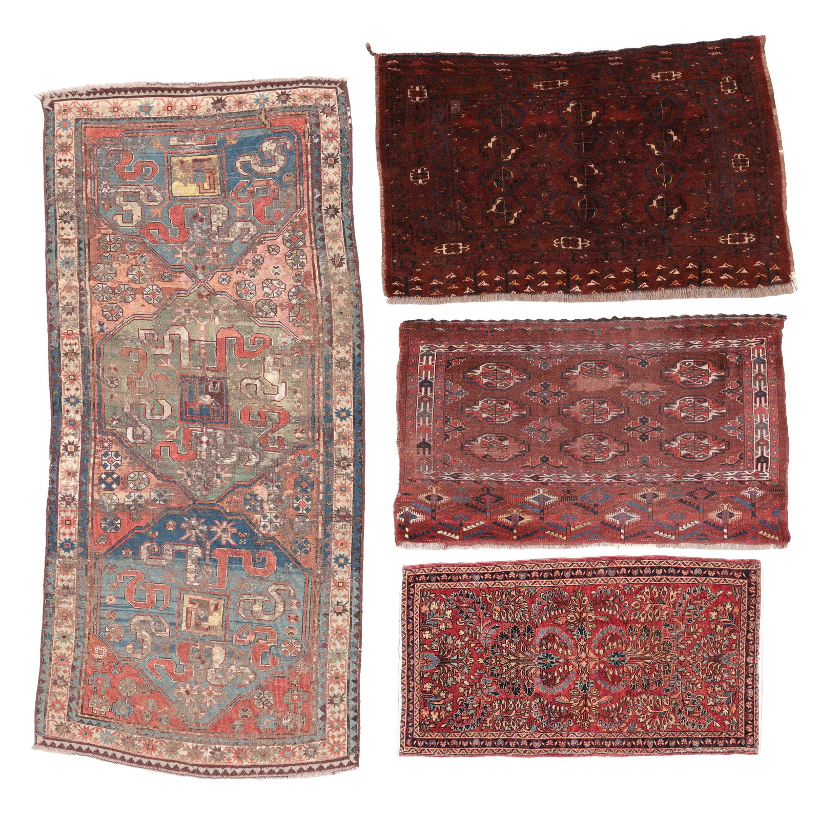 4 Antique Estate Rugs: 4 Antique Estate Rugs, including a Cloudband Kazak, Sarouk, and two Turkmen chuvals. Largest: , 3'7'' x 7'7'' (109 x 231 cm). Weight: 24 lbs.