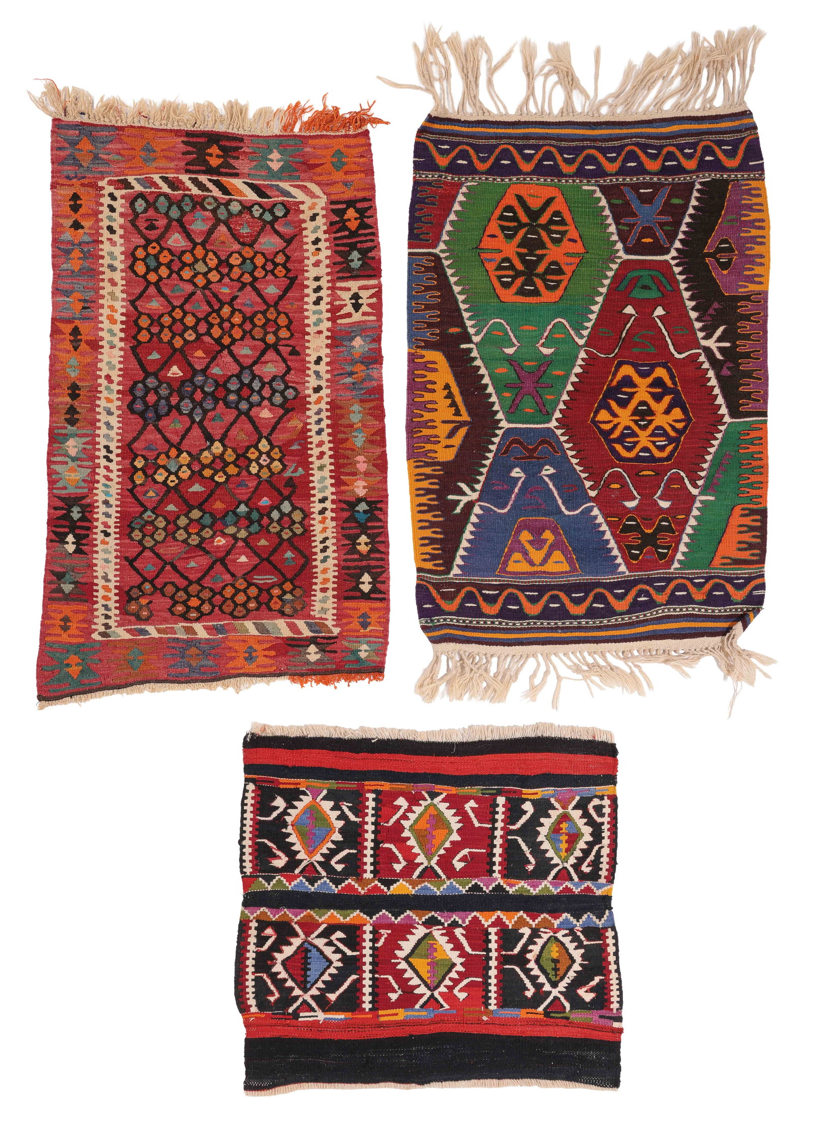 3 Turkish Flatweaves, Mid 20th C.: 3 Turkish Flatweaves, Mid 20th C. Weight: 9 lbs. Material: wool surface, wool warp. Including: Jahanbeli Kurd Bag Face 1940/1950 2’7” x 2’10”; Anamur Kelim, Taurus Mountain, South Turk