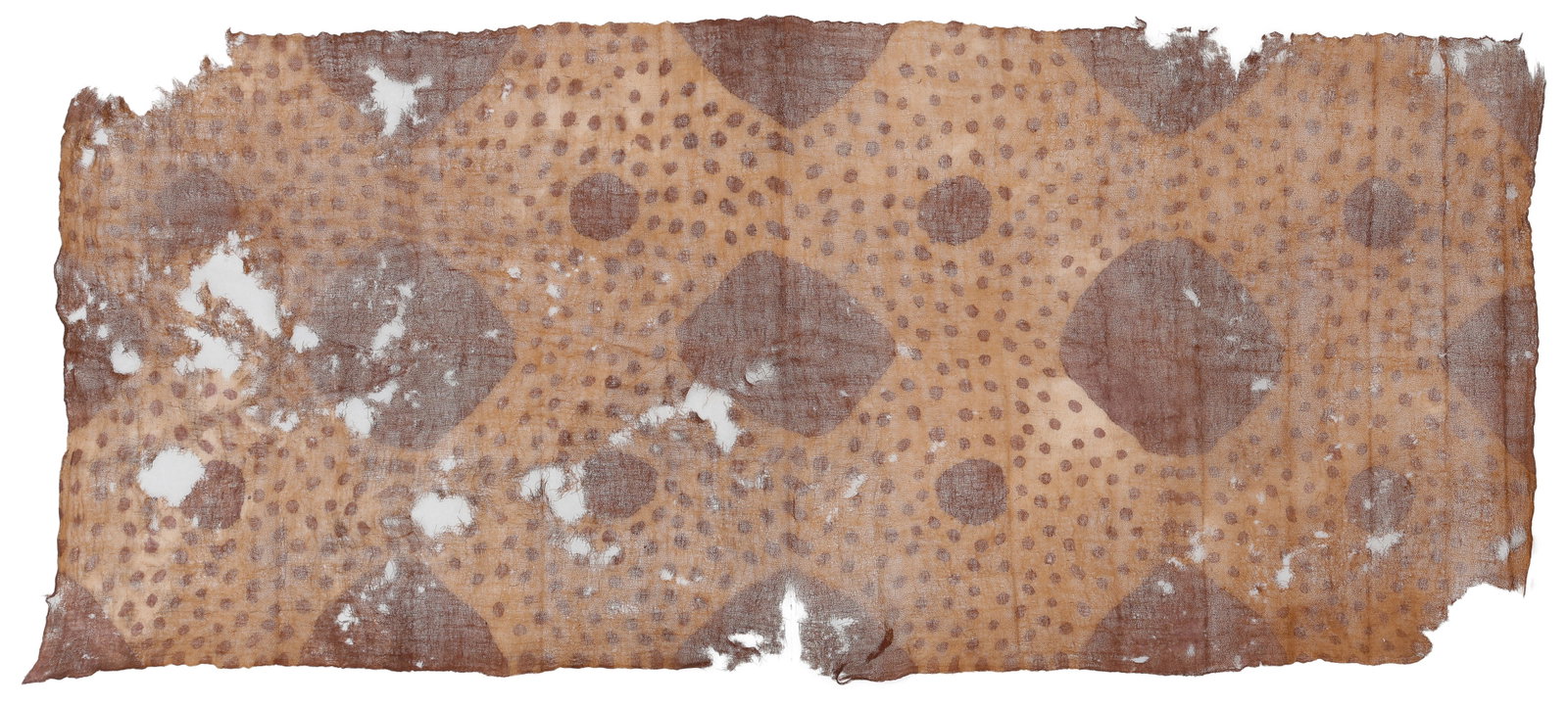 Paracas Culture Painted Textile, circa 0-200 CE.: Paracas Culture Painted Textile, circa 0-200 CE. Size: 4'0'' x 1'9'' (122 x 53 cm). Woven in an open gauze-like cotton weave and decorated with a pattern of repeating reddish-brown lozenges on a buff 