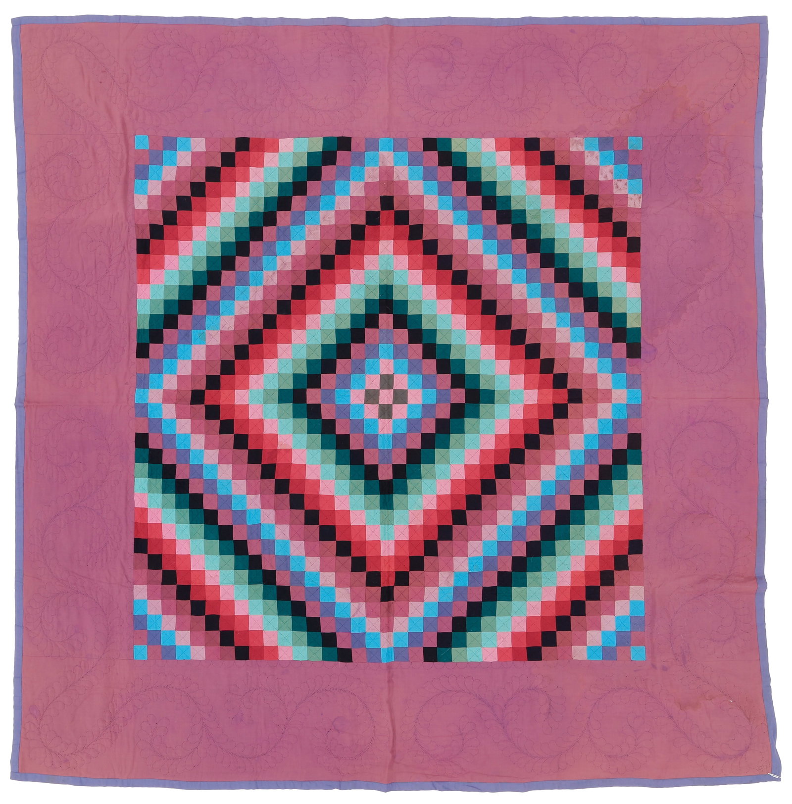 Amish "Trip Around the World" Pieced Quilt, Dated 1959: Amish "Trip Around the World" Pieced Quilt, Dated 1959. 6'9'' x 6'8'' (206 x 203 cm). Cotton and wool. Hand pieced and quilted.