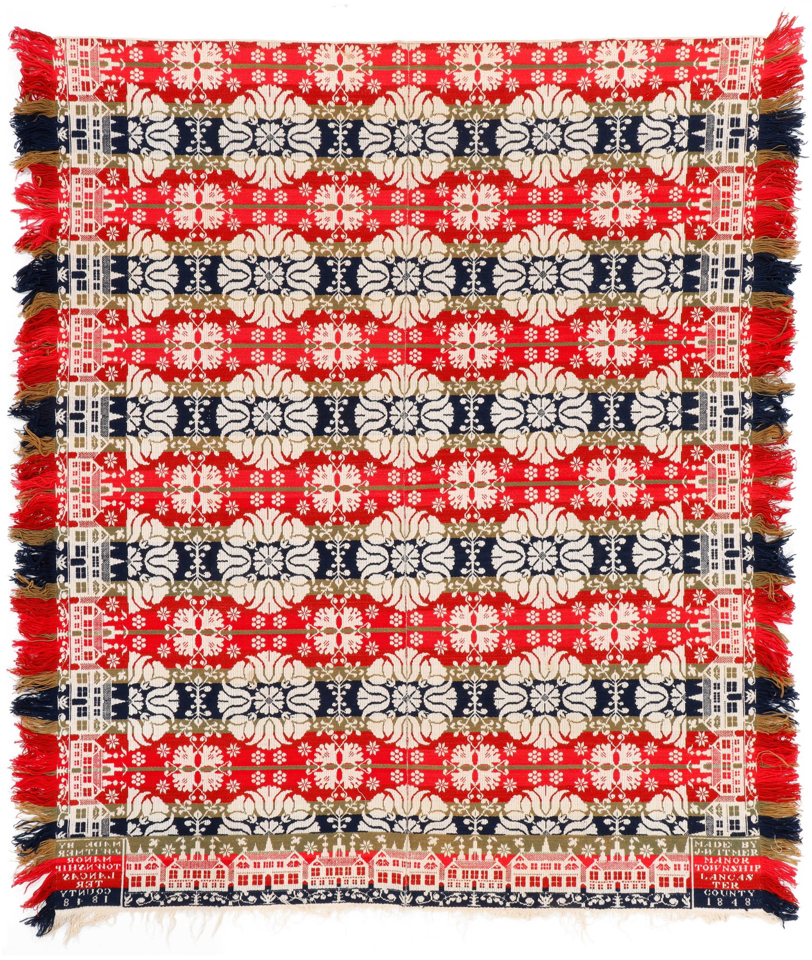 Jacquard Figured and Fancy Coverlet, Signed, Manor Township, Lancaster County, PA, Dated 1848 (1 of 6)