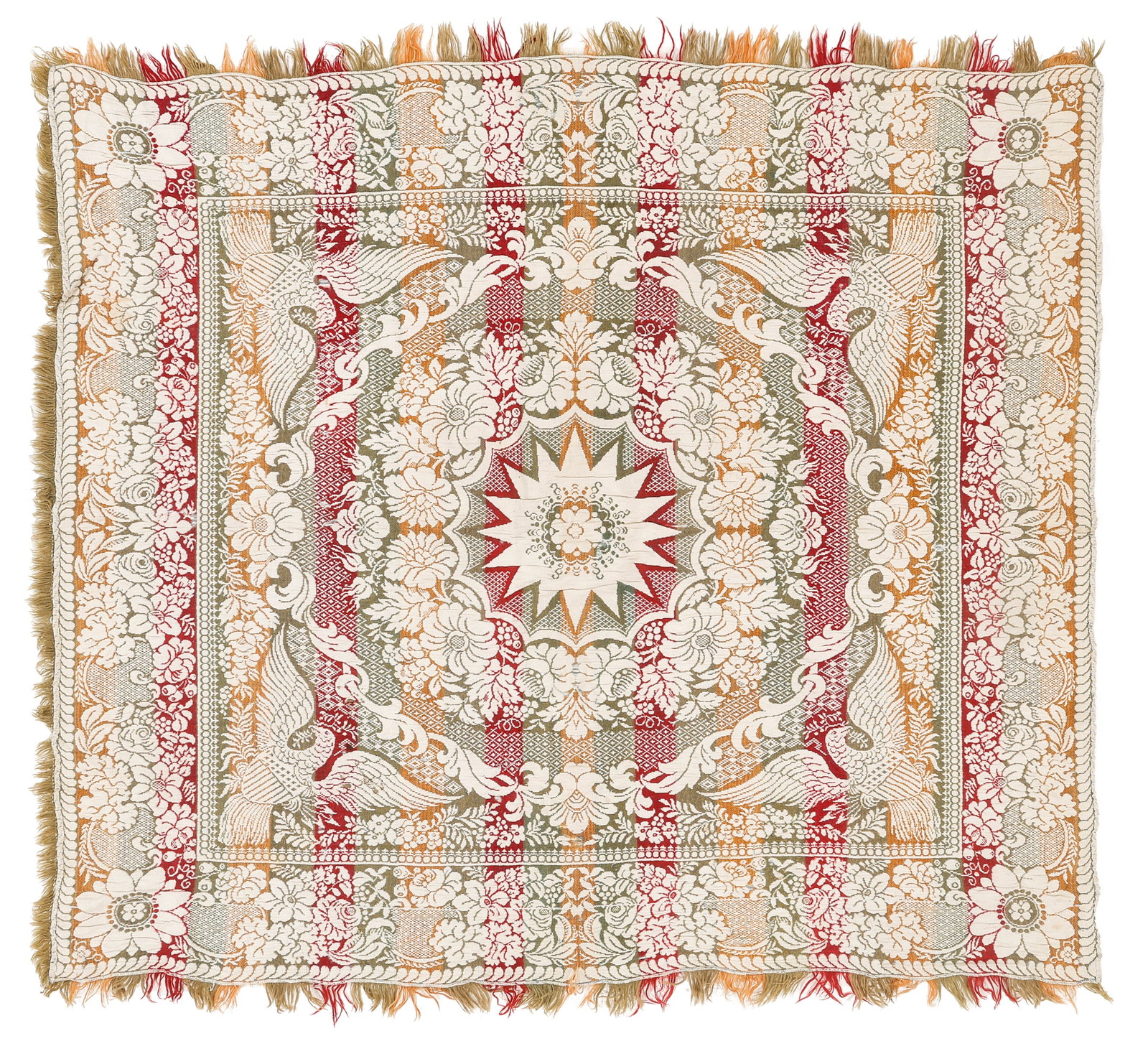 Tri-Color Figured and Fancy Jacquard Coverlet, 19th C. (1 of 4)