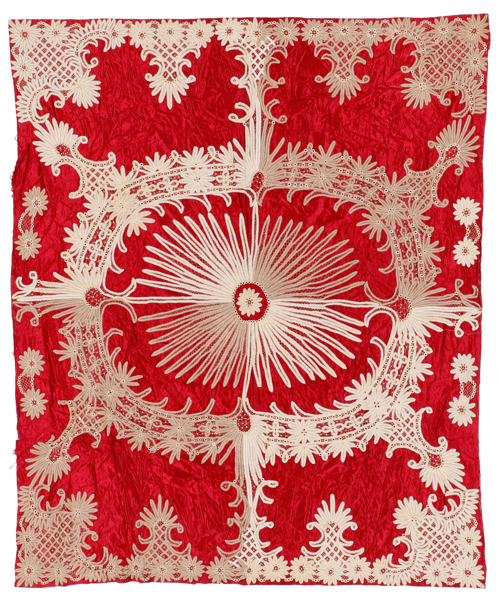 American Battenburg Lace Bedspread, Late 19th/Early 20th C.: American Battenburg Lace Bedspread, Late 19th/Early 20th C. Size: 6'0'' x 7'4'' (183 x 224 cm). Cotton lace on satin. Back appears unfinished and could be finished as a quilt or bedspread.
