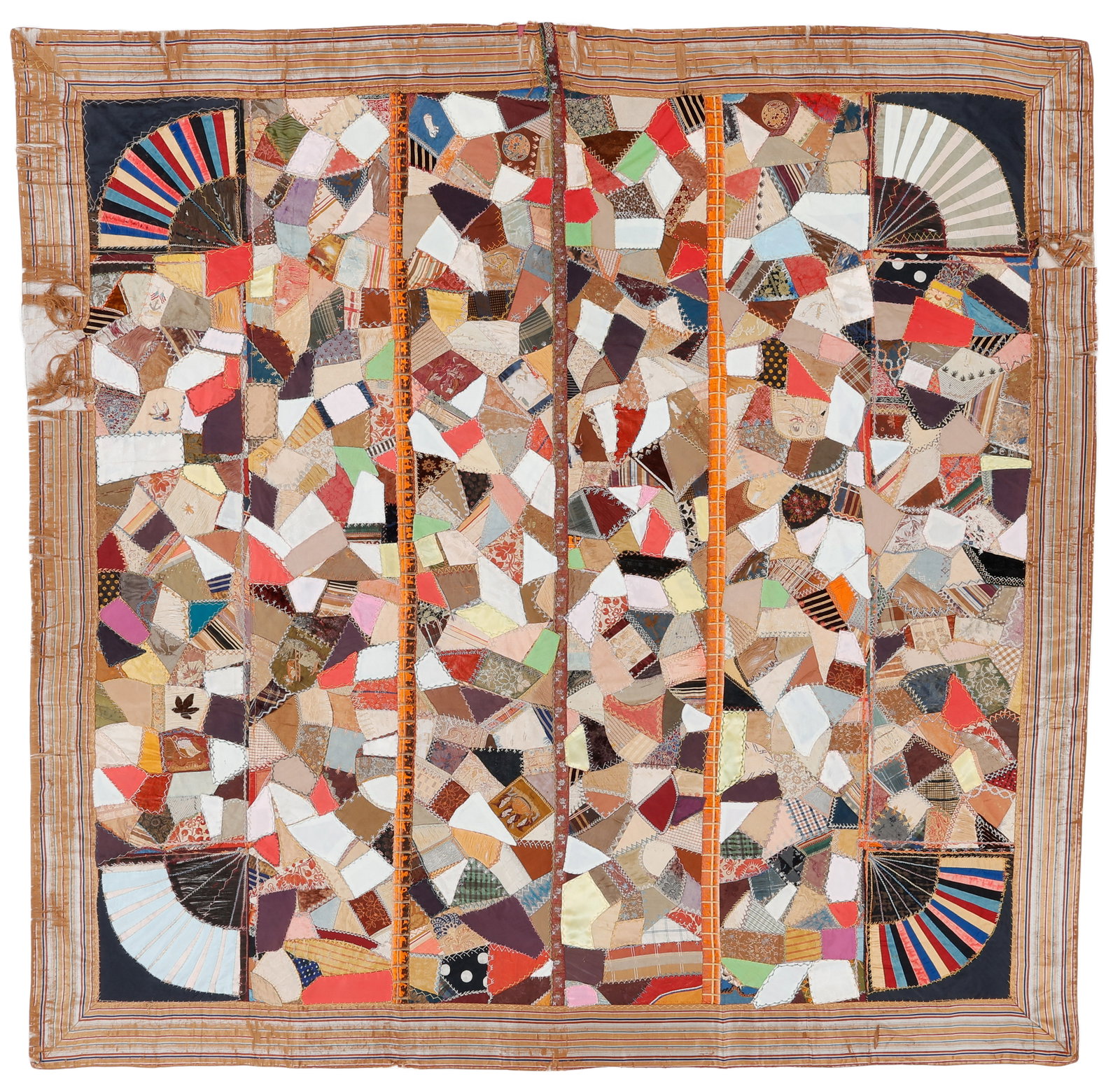 Antique Fan Patchwork Crazy Quilt, 19th C.: Antique Fan Patchwork Crazy Quilt, 19th C. 6'3'' x 6'5'' (191 x 196 cm). Silk, velvet, and other fabrics.