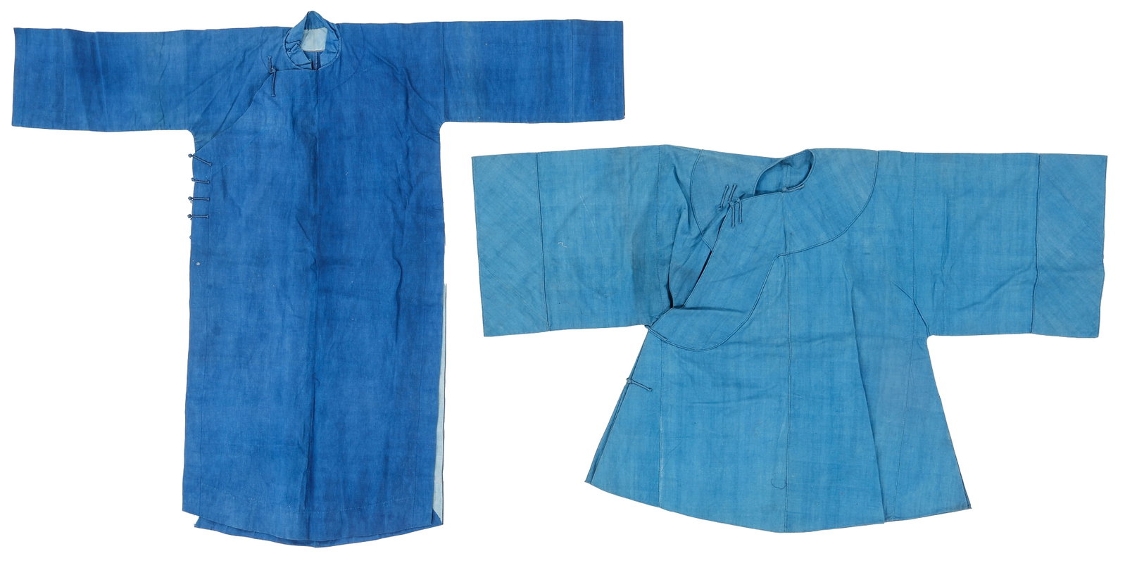 Two Antique Han Chinese Indigo-Dyed Robes: Two Antique Han Chinese Indigo-Dyed Robes. Sizes: 1) 4'8'' x 4'0'' (142 x 122 cm); 2) 4'8'' x 2'10'' (142 x 86 cm). Cotton.