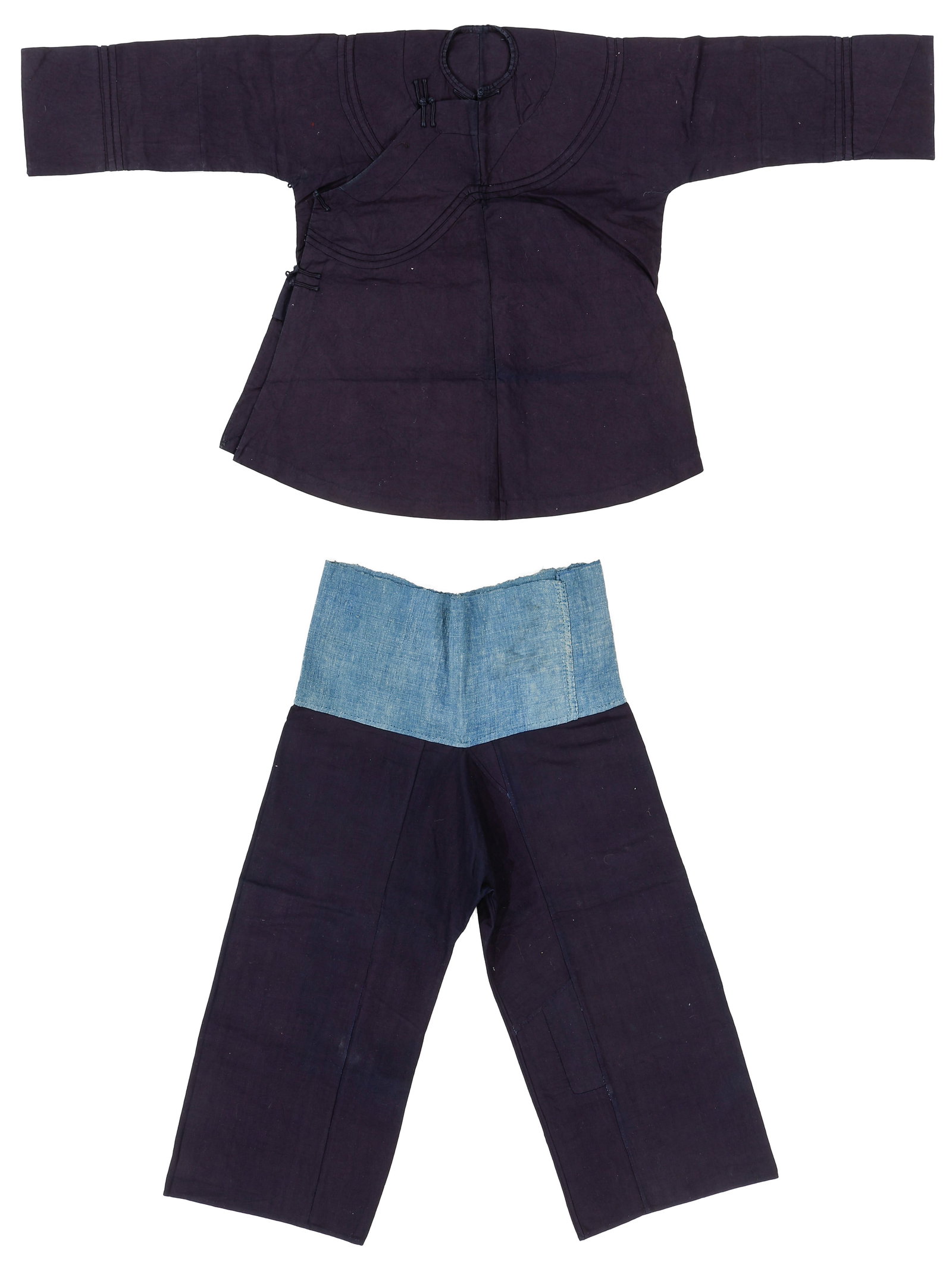 Set of Chinese Indigo-Dyed Jacket and Trousers, Early 20th C.: Set Chinese Indigo-Dyed Jacket and Trousers, Early 20th C. Sizes: 1) 4'4'' x 2'4'' (132 x 71 cm); 2) 1'7'' x 3'1'' (48 x 94 cm). Indigo-dyed cotton. Barely or never worn condition.
