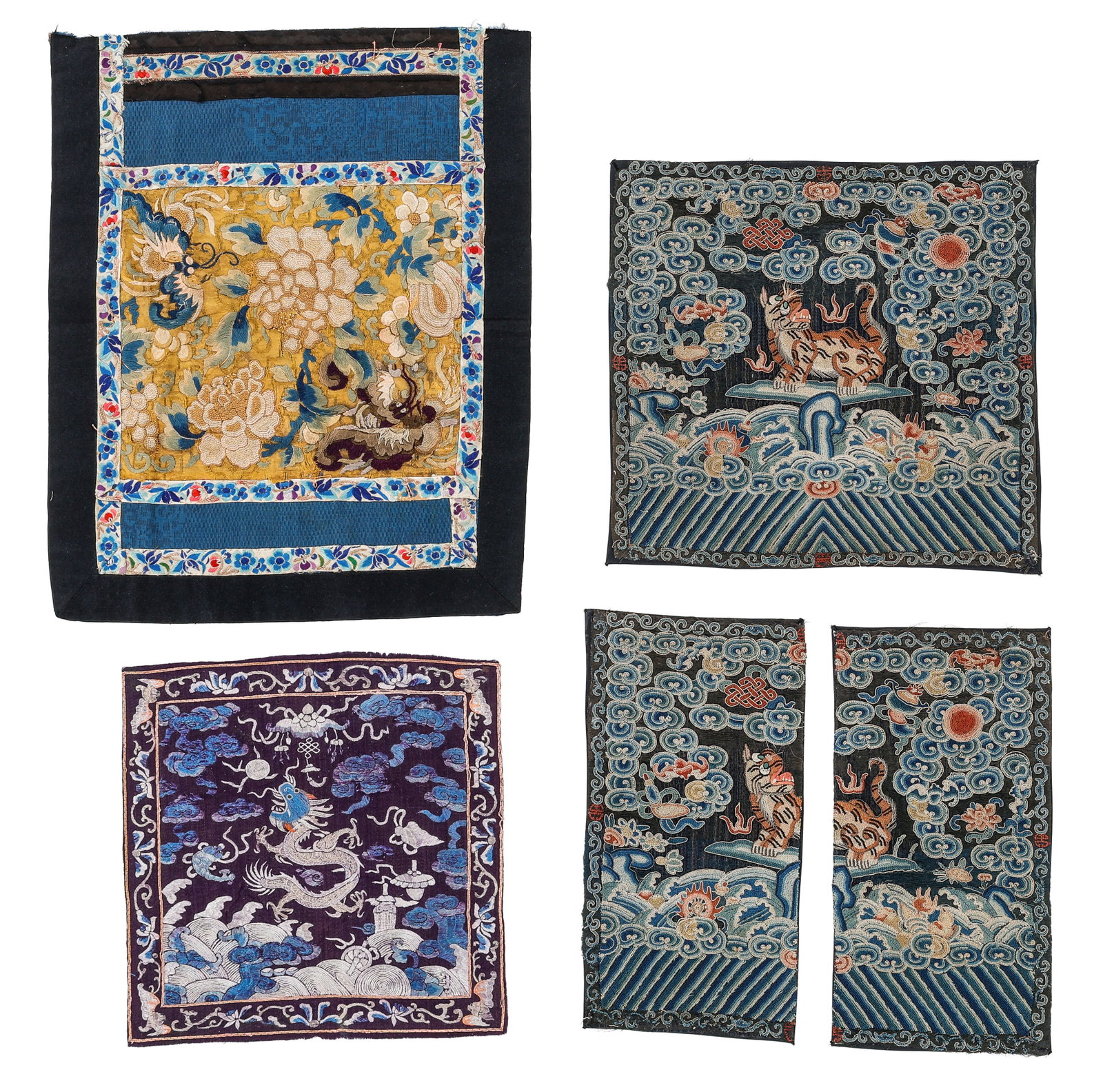 4 Chinese Qing Dynasty Buzi Rank Badges and Silk Embroidered Panel: 4 Chinese Qing Dynasty Buzi Rank Badges and Silk Embroidered Panels. Ranging in size from: 0'10'' x 0'10'' (25 x 25 cm) to 1'4'' x 1'1'' (41 x 33 cm). Silk and metal-wrapped thread embroidery on silk.