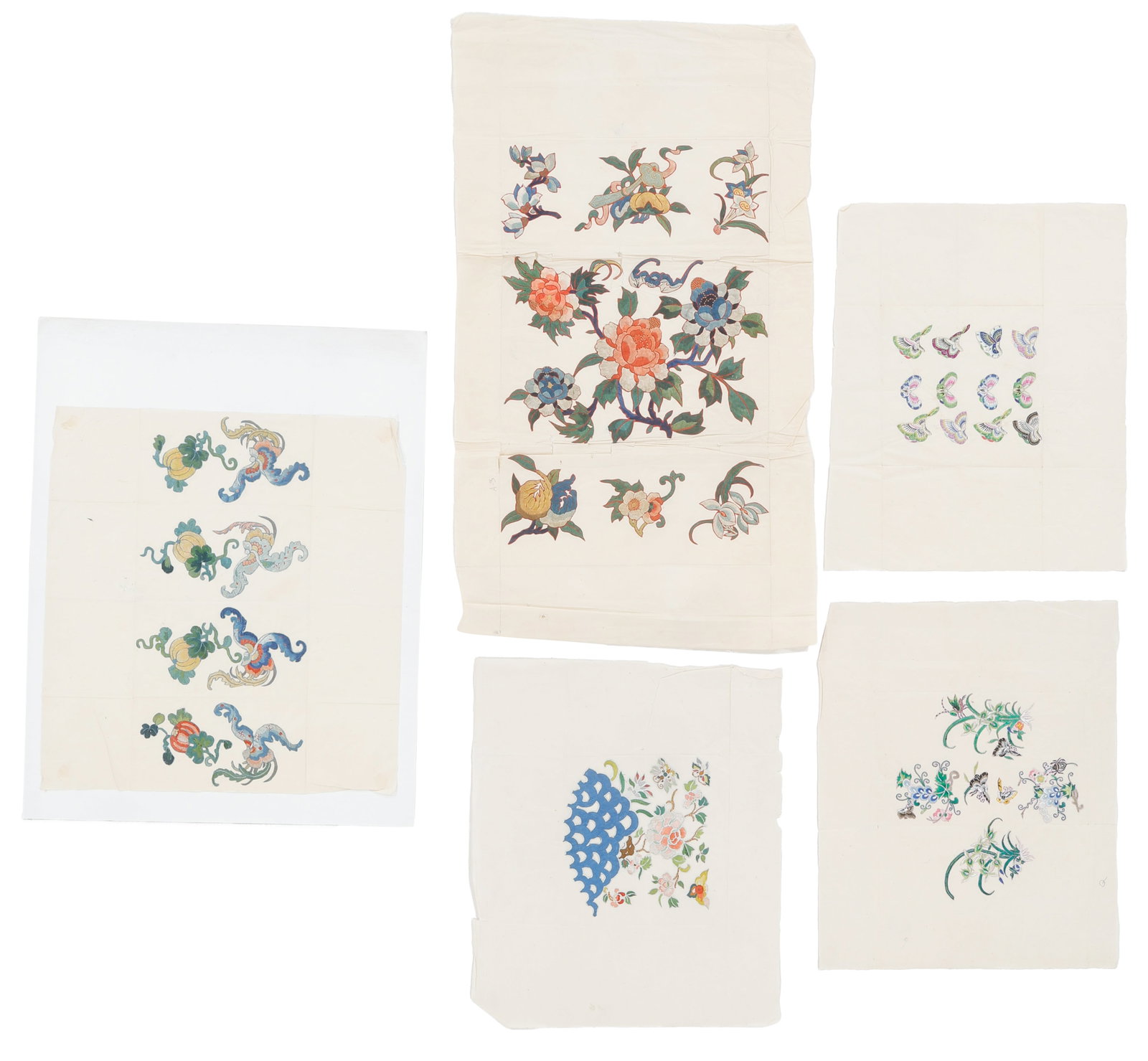 Chinese Finely Embroidered Silk Embroidered Appliques, Five Sheets, Early 20th C. (1 of 4)