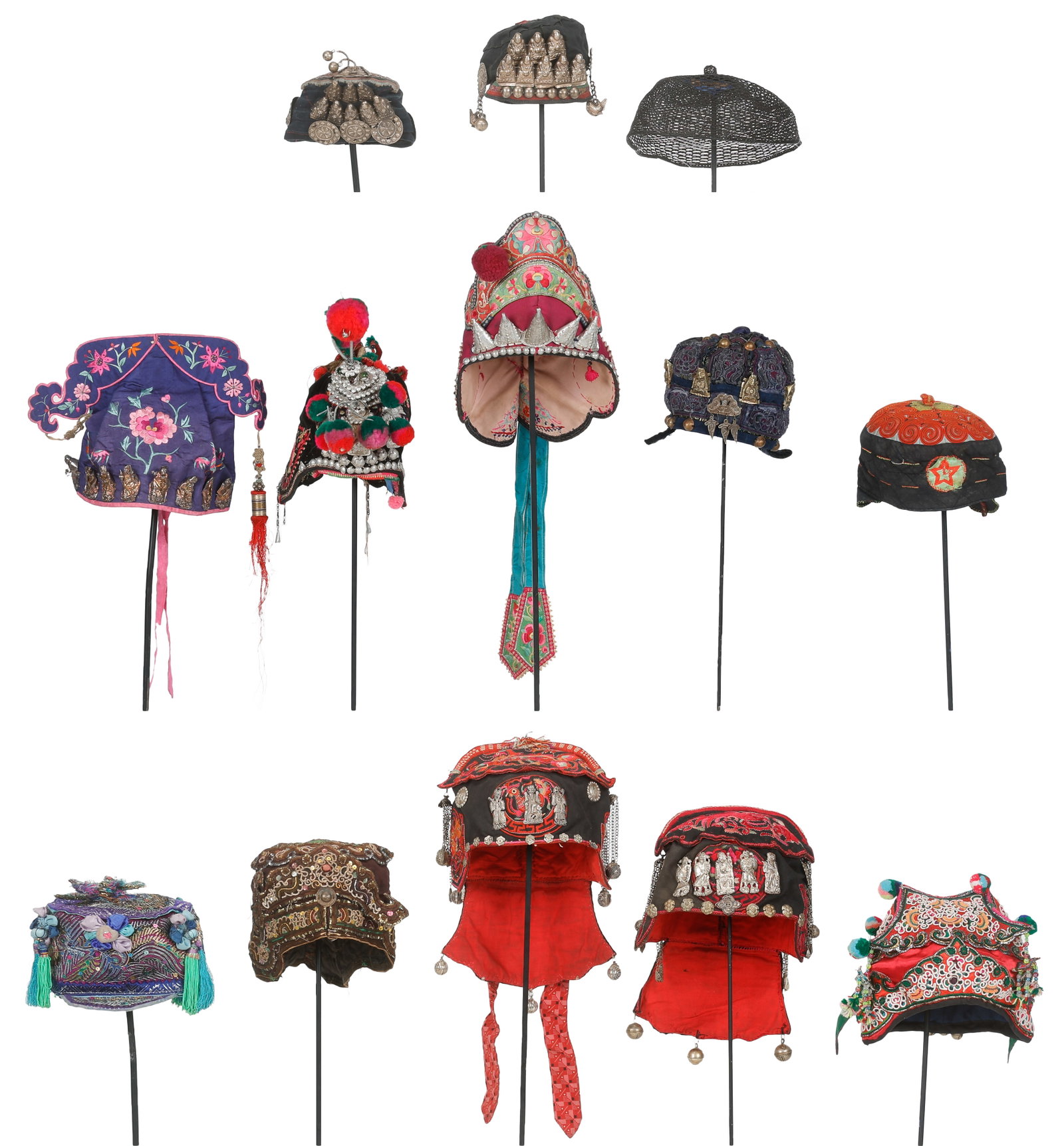 Group of 13 Chinese Silk Child's Hats, Early 20th C.: Group of 13 Chinese Silk Child's Hats, Early 20th C. Silk with embroidery, tassels, and embellishments. Ranging in size from: 5'' x 5'' x 3'' (13 x 13 x 8 cm) to 10'' x 10'' x 6'' (25 x 25 x 15 cm). P