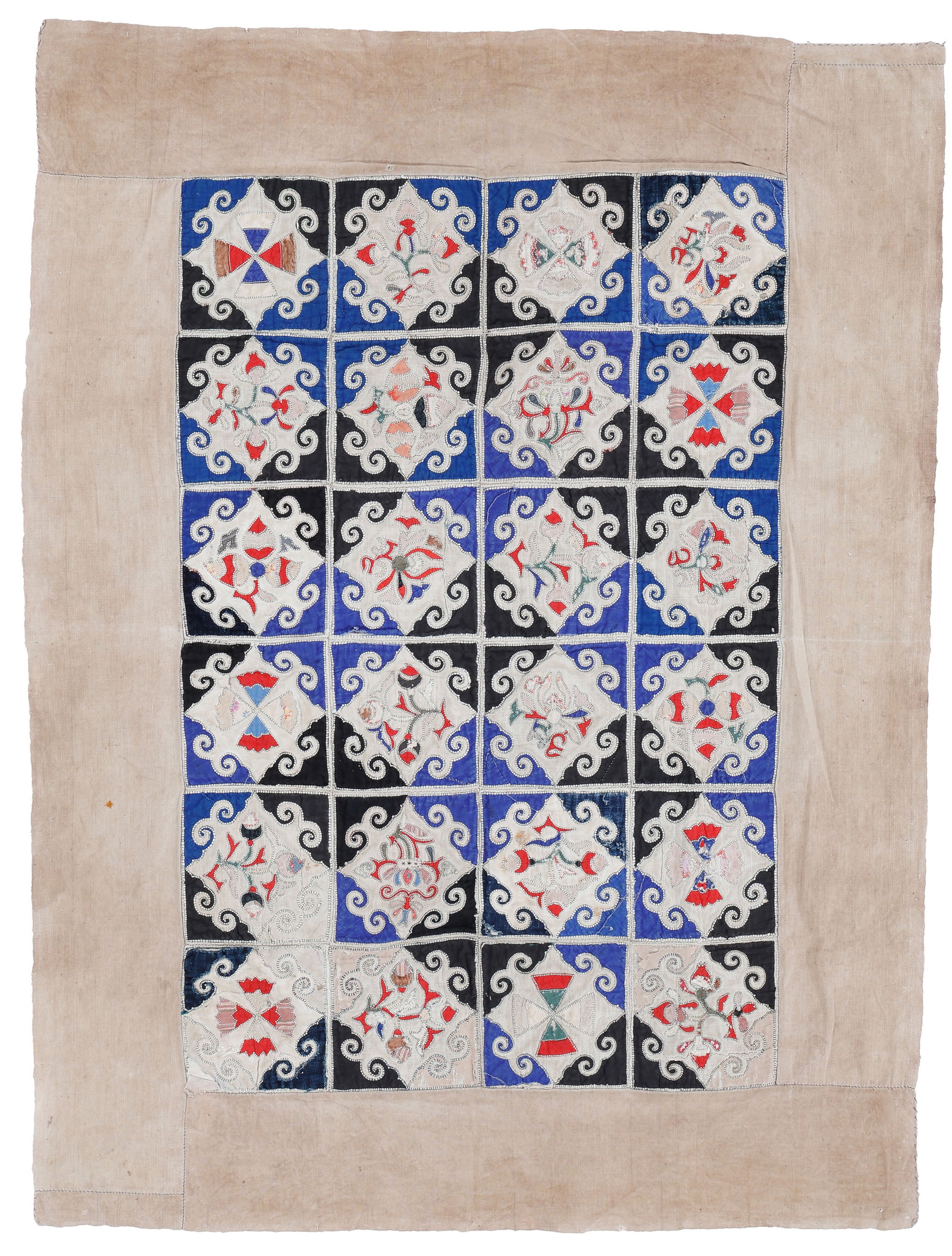 Zhuang Applique Quilt Cover, Southern China, Early/Mid 20th C.: Zhuang Applique Quilt Cover, Southern China, Early/Mid 20th C. Size: 3'8'' x 4'10'' (112 x 147 cm). Cotton.