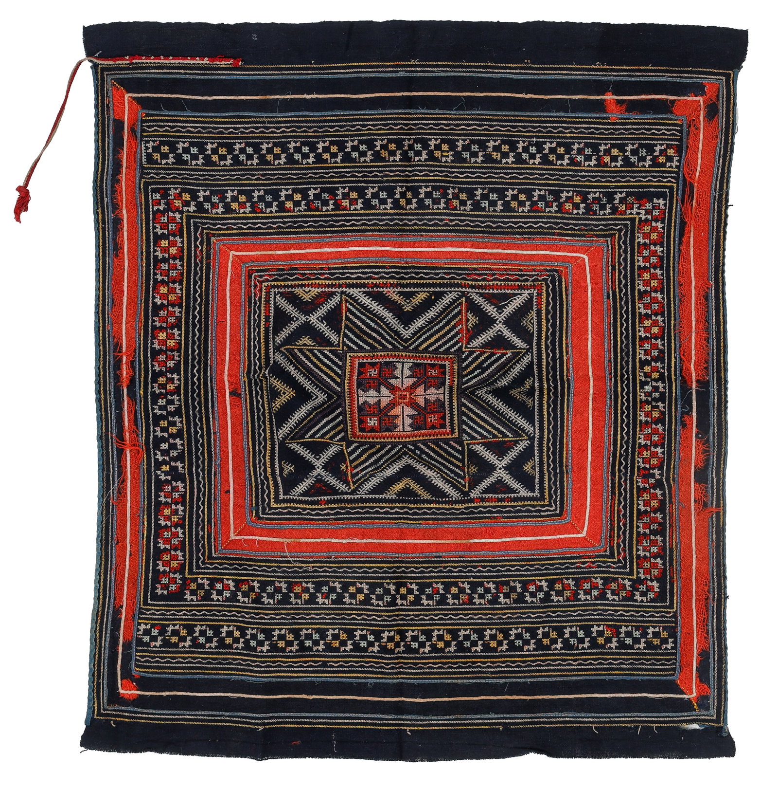 Yao Embroidered Headcloth, South China, Early 20th C.: Yao Embroidered Headcloth, South China, Early 20th C. Size: 1'10'' x 2'2'' (56 x 66 cm). Silk embroidery on cotton, with status-giving imported red wool from England.
