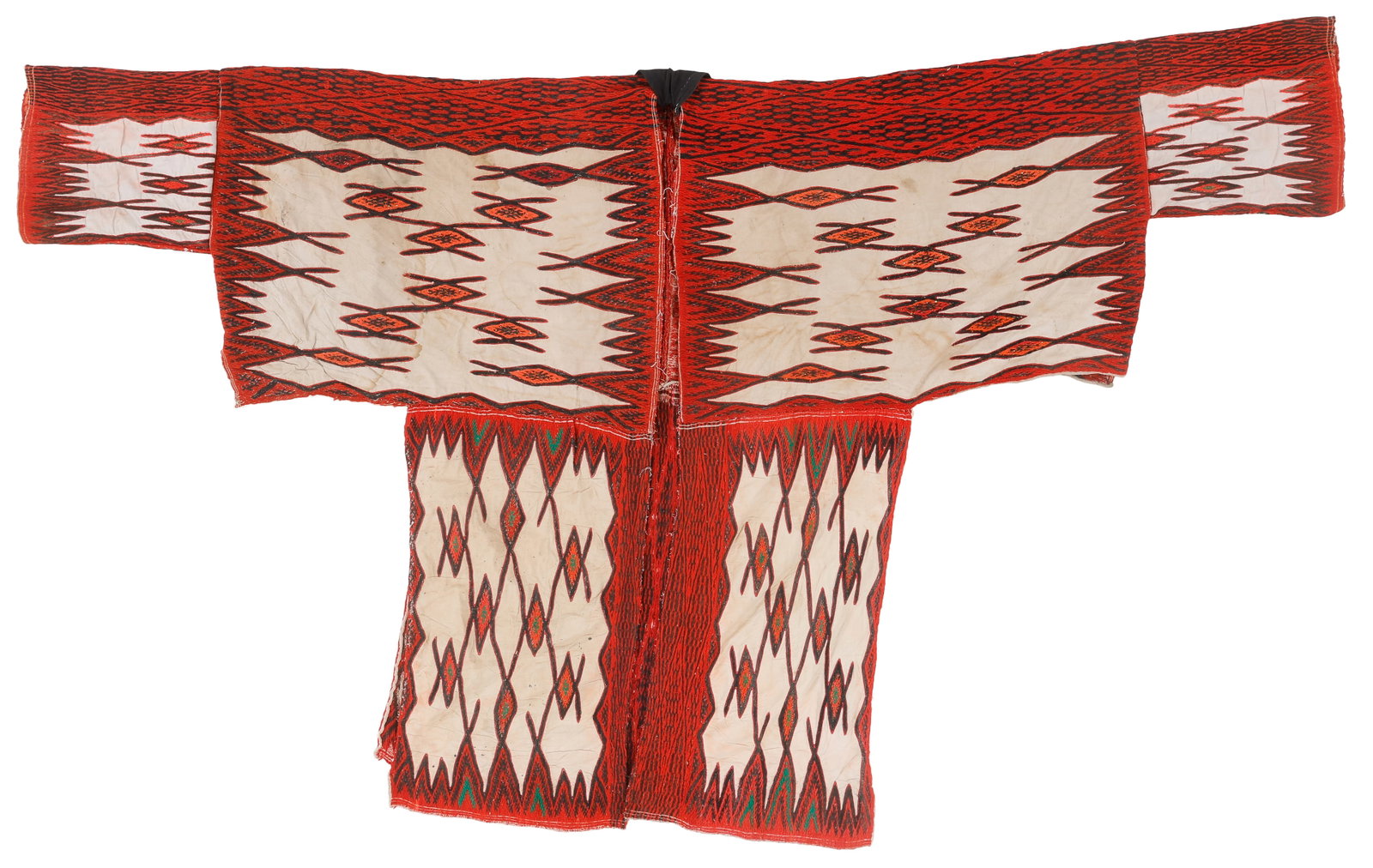 Miao Wool Embroidered Festival Cape Robe, Weining County, Guizhou, China: Miao Wool Embroidered Festival Cape Robe, Weining County, Guizhou, China. Wool embroidery on plain weave cotton. Size: 6'9'' x 4'1'' (206 x 124 cm). Provenance: From the Nina Sidley Collection of Inte