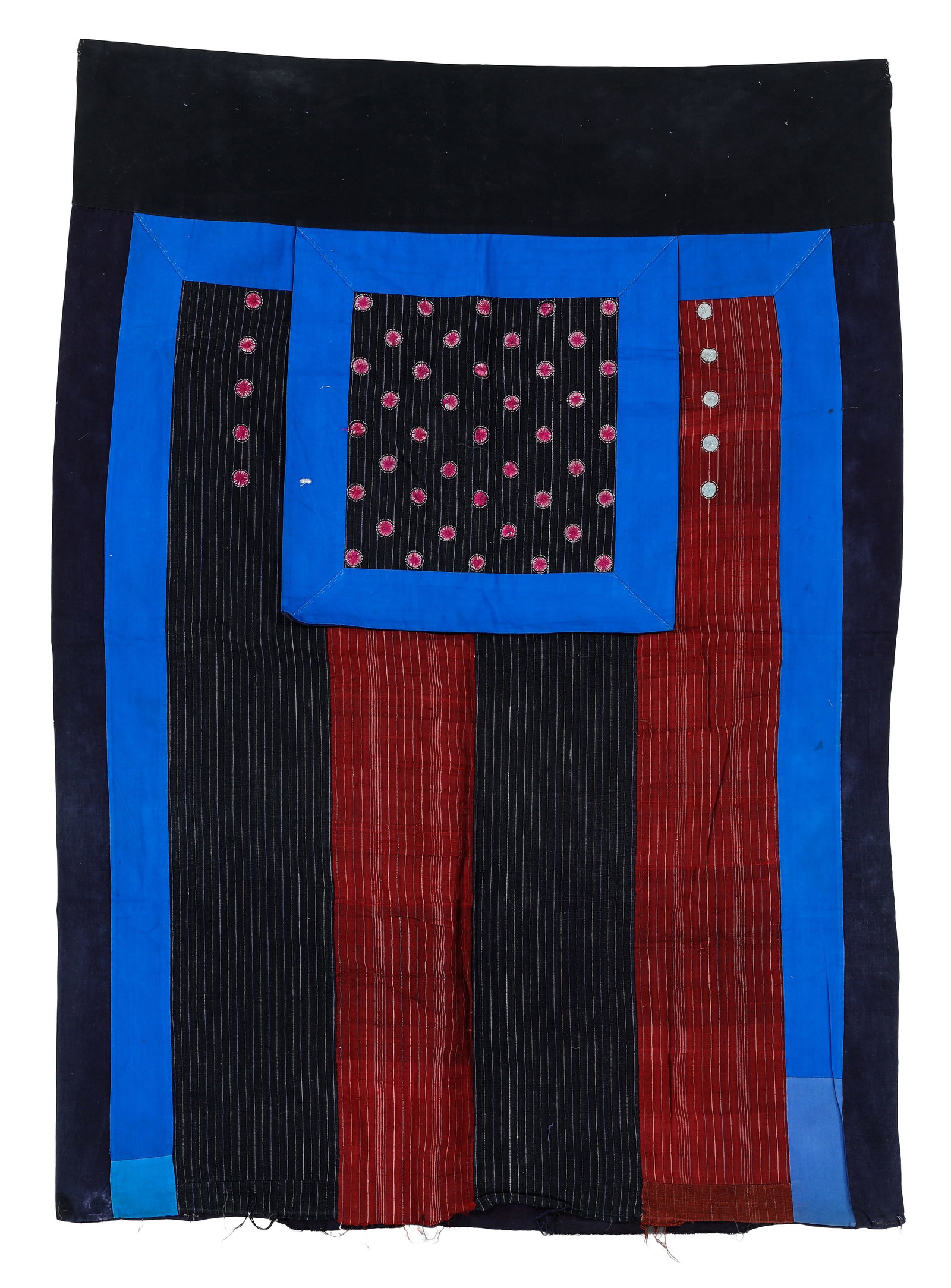 Songtao Miao Embroidered Apron Textile, Hunan, China, Mid 20th C.: Songtao Miao Embroidered Apron Textile, Hunan, China, Mid 20th C. Size: 2'9'' x 3'11'' (84 x 119 cm). Hand-embroidered with mirror discs. Cotton.