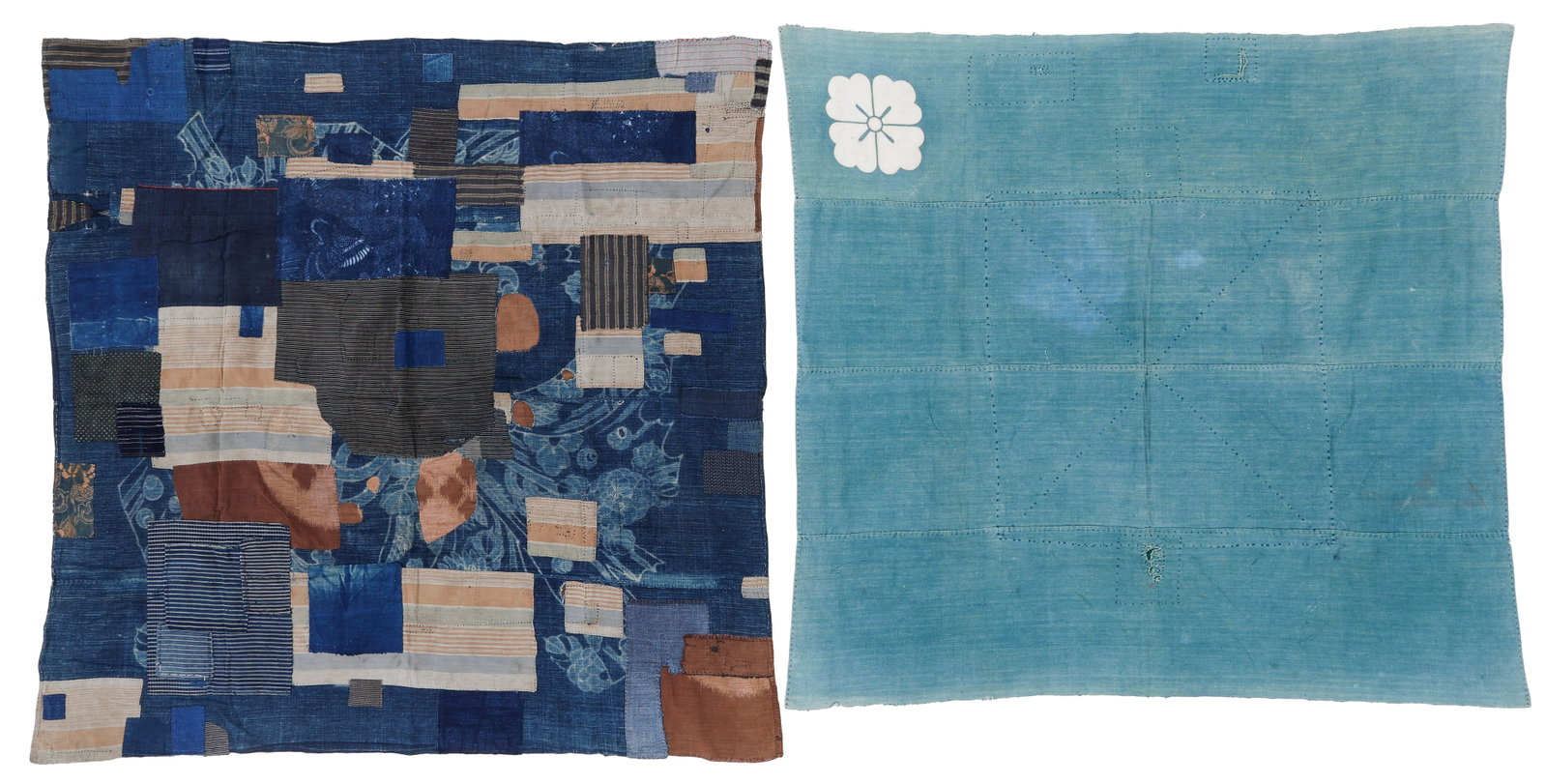 Two Japanese Boro Patchwork Furoshiki Textiles, Early 20th C.: Two Japanese Boro Patchwork Furoshiki Textiles, Early 20th C. Sizes: 1) 4'6'' x 4'5'' (137 x 135 cm); 2) 4'2'' x 4'4'' (127 x 132 cm). Indigo-dyed cotton, some silk patchwork. Provenance: From the Nin