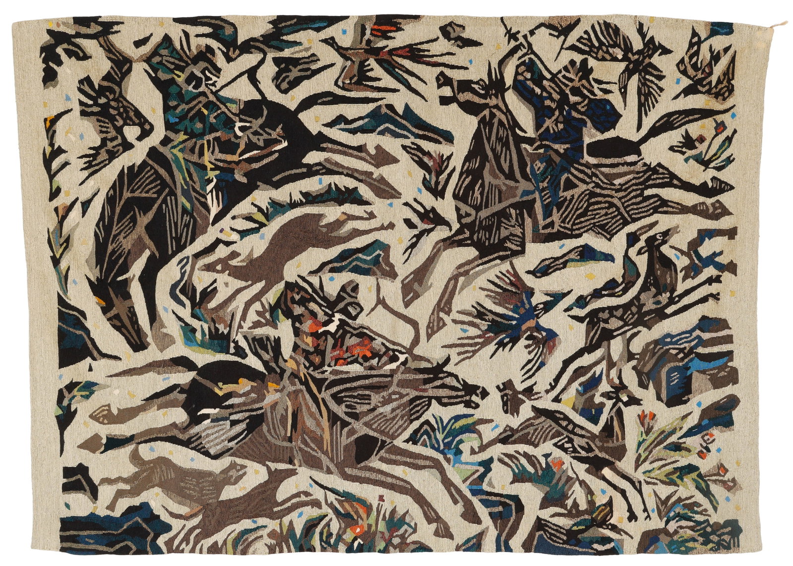 After Hirozo Murata "The Hunt" Tapestry, Japan, 1962: Hirozo Murata "The Hunt" Tapestry, Japan, 1962. Size: 6'8'' x 4'10'' (203 x 147 cm). Wool. Manufactured at the Kawashima Textile Mills. Provenance: private NY collection.