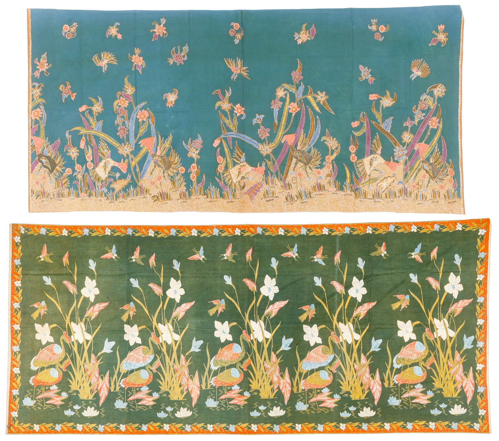 Kain Panjang Tulis Batik, Northern Coast Java, Indonesia: Kain Panjang Tulis Batik, Northern Coast Java, Indonesia. Sizes: 1) 7'2'' x 3'5'' (218 x 104 cm); 2) 8'0'' x 3'6'' (244 x 107 cm). Cotton. Featuring waterscape of lotus flowers, cranes, and