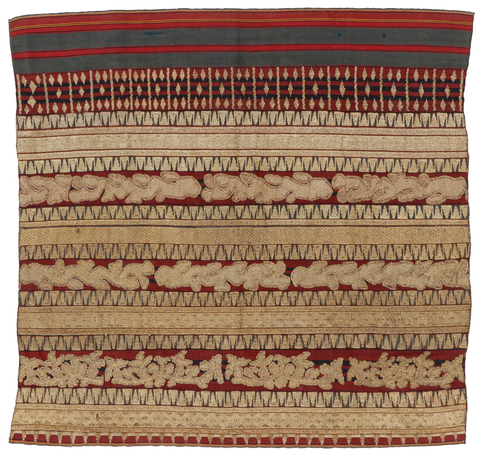 Antique Lampung Woman's Ceremonial Tapis Sarong, Sumatra, Indonesia: Antique Lampung Woman's Ceremonial Tapis Sarong, Sumatra, Indonesia. 3'10'' x 3'8'' (117 x 112 cm). Gilt metal wrapped thread embroidery on cotton.