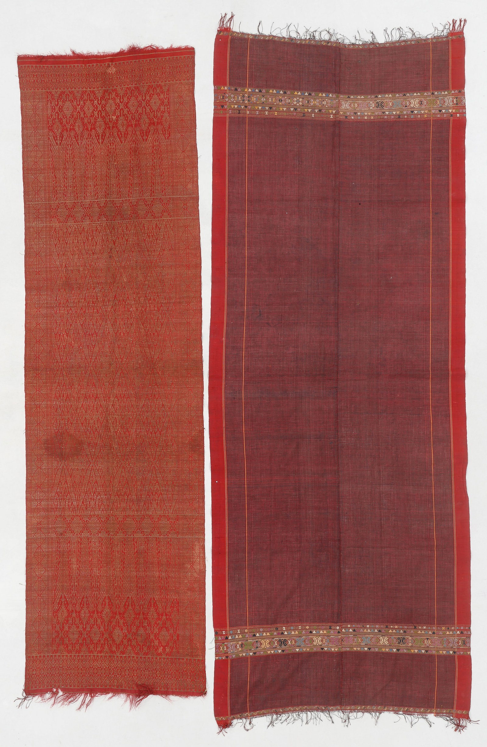 Minangkabau Kain Balapak and Selendang Shoulder Cloths (2), Sumatra: Minangkabau Kain Balapak and Selendang Shoulder Cloths (2), Sumatra. Sizes: 1) 2'7'' x 6'11'' (79 x 211 cm); 2) 1'10'' x 6'8'' (56 x 203 cm). Songket with silver thread. The larger piece from Payakumb
