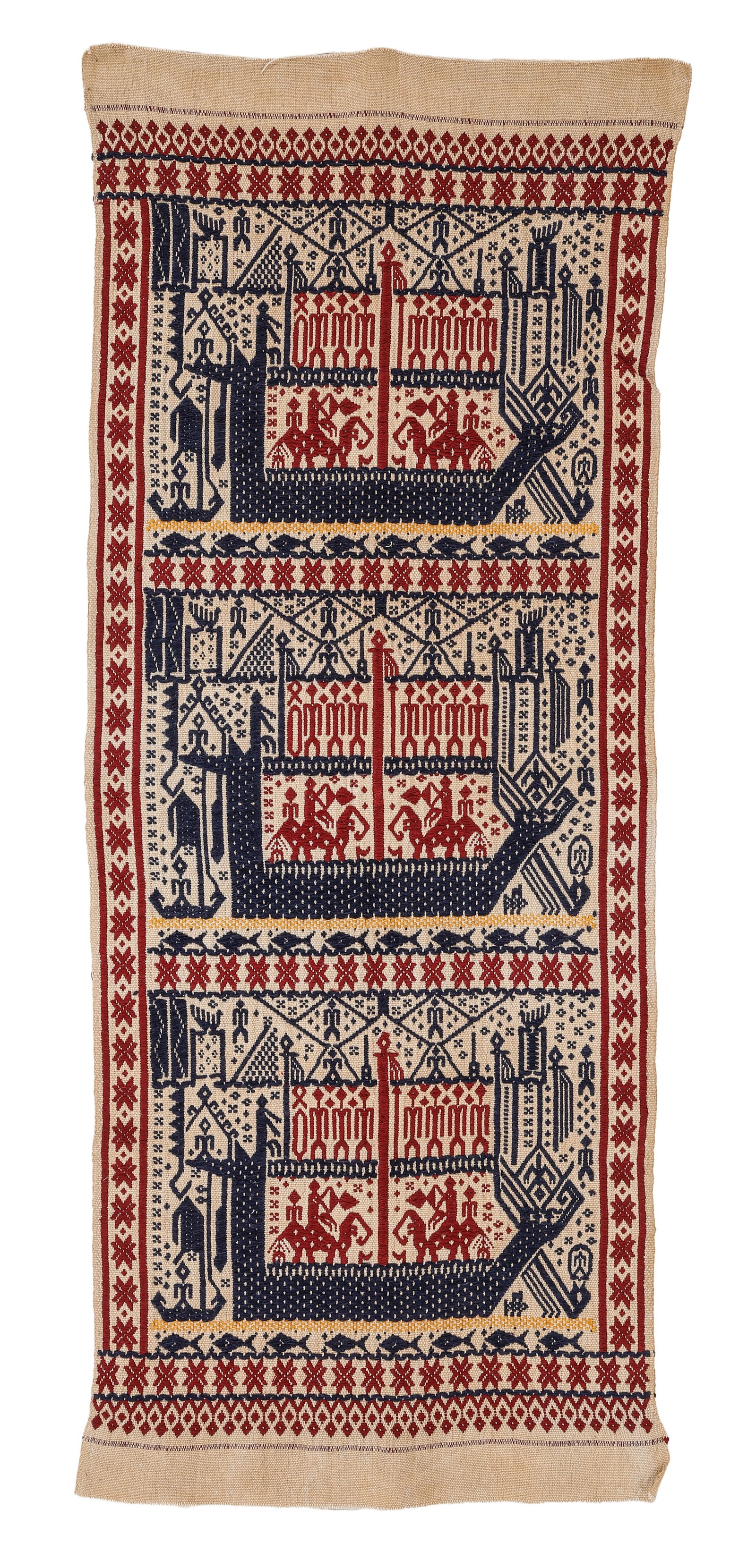 Lampung Tampan Ship Cloth, Sumatra, Indonesia, Early/Mid 20th C.: Lampung Tampan Ship Cloth, Sumatra, Indonesia, Early/Mid 20th C. Size: 1'3'' x 3'3'' (38 x 99 cm). Cotton.