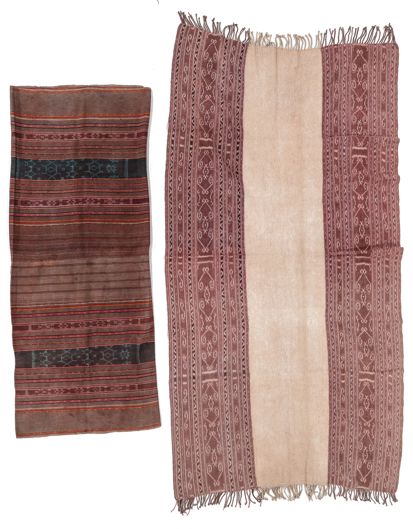 Two Indonesia Cotton Ikat Textiles, Timor and Alor: Two Indonesia Cotton Ikat Textiles. Sizes: 1) 1'11'' x 4'8'' (58 x 142 cm); 2) 3'2'' x 6'2'' (97 x 188 cm). Cotton with warp ikat. Includes a Timor men's blanket and a woman's tube skirt, possibly Alo