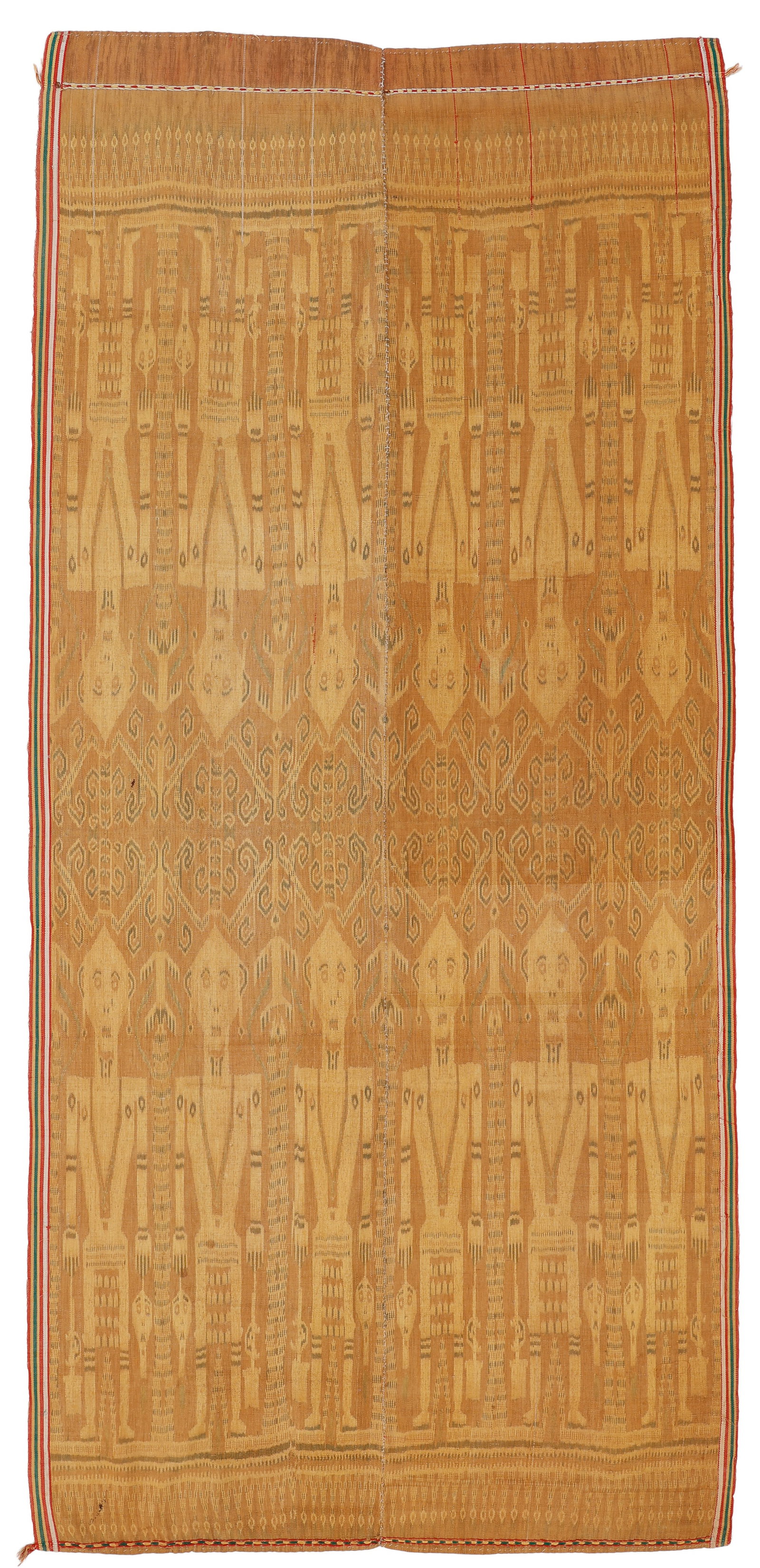 Iban Pua Kumbu Ikat Ceremonial Textile, Sarawak, Malaysia, Early 20th C.: Iban Pua Kumbu Ikat Ceremonial Textile, Sarawak, Malaysia, Early 20th C. 3'5'' x 7'2'' (104 x 218 cm). Cotton with warp ikat. Figures depicted as headhunters, with a head in one hand and a sword (para