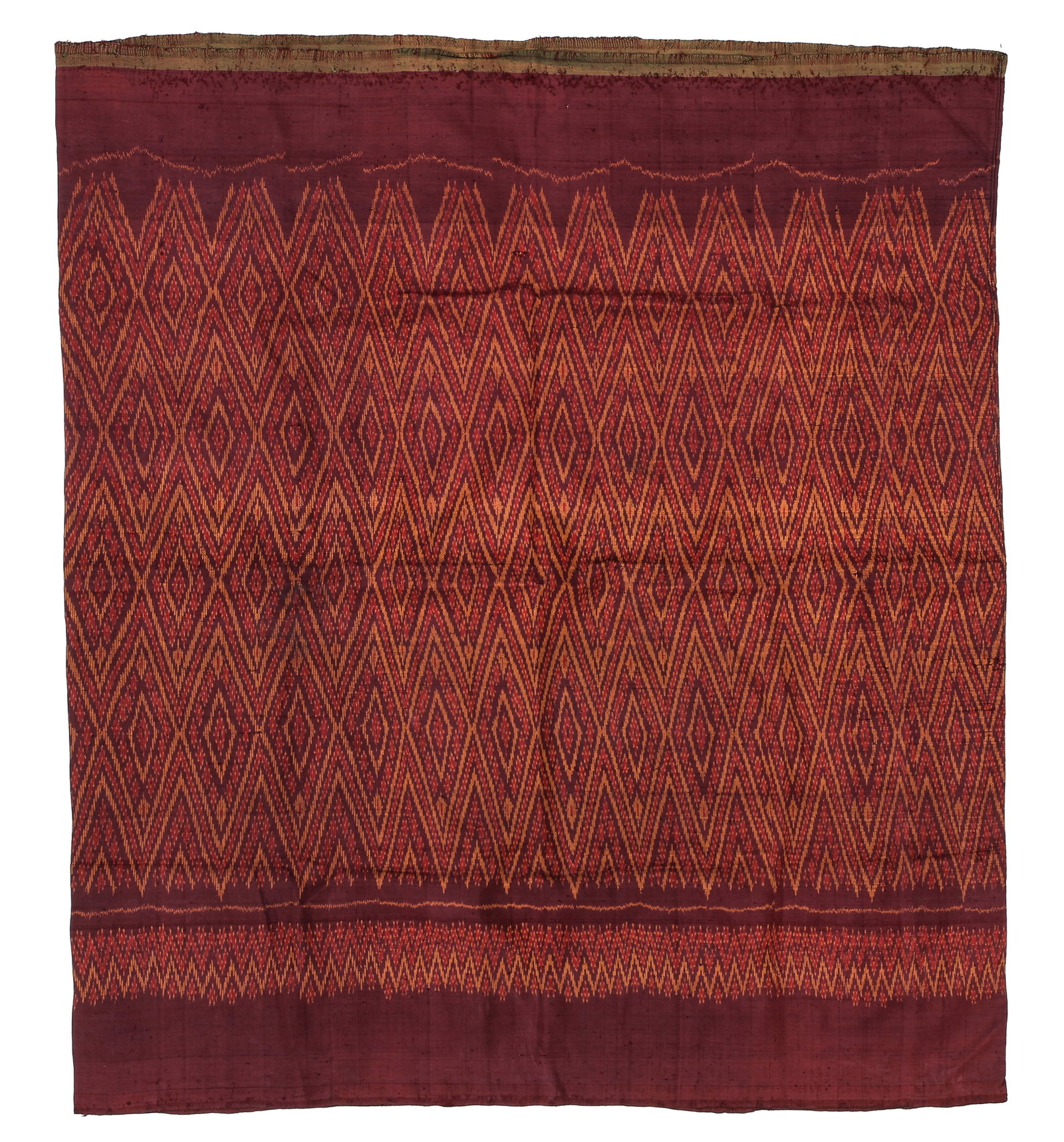 Silk Ikat Sarong, Isan Region, Northeast Thailand, c. 1900: Silk Ikat Sarong, Isan Region, Northeast Thailand, c. 1900. Size: 2'6'' x 2'11'' (76 x 89 cm). Silk, warp ikat.
