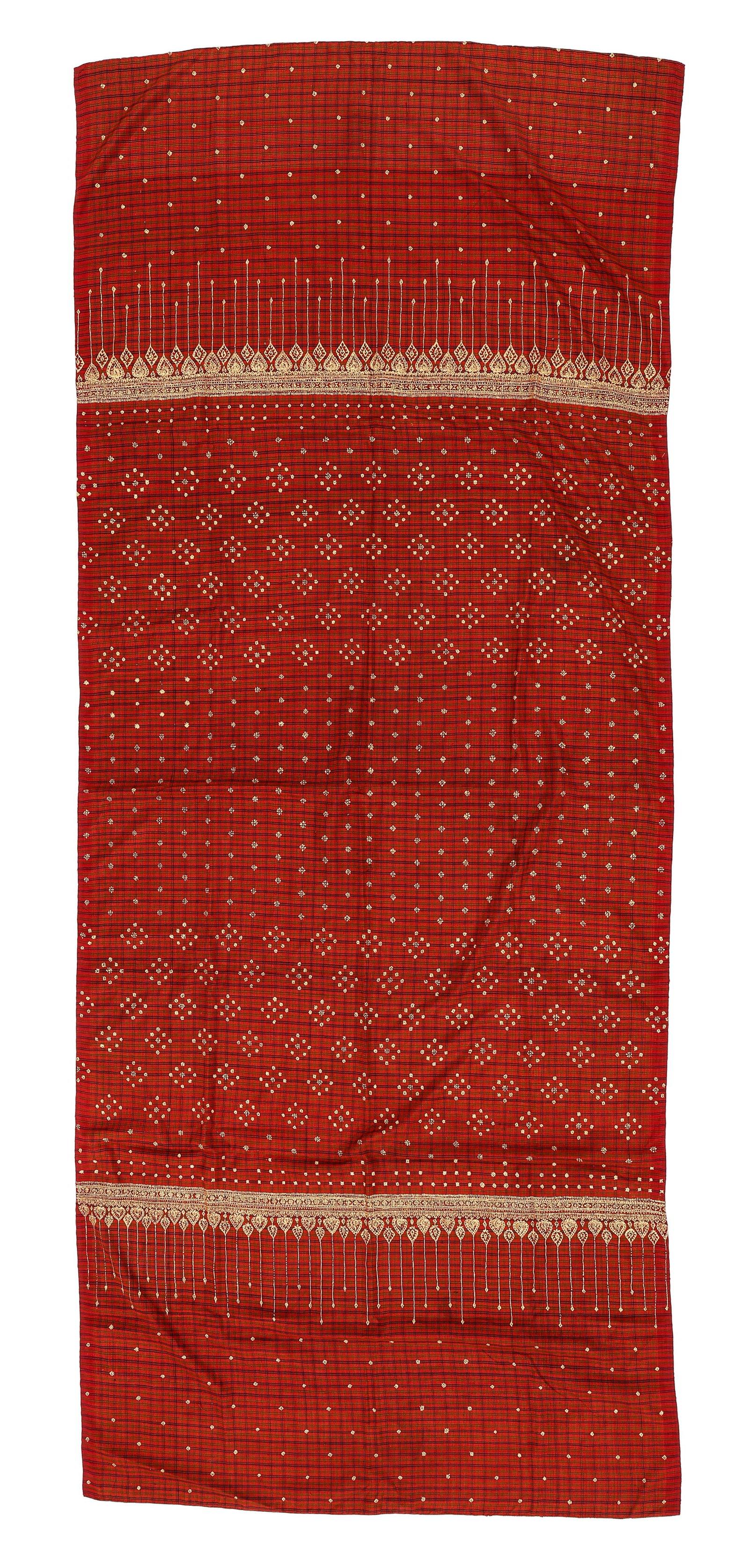 Cambodian Gilt Painted Silk Shoulder Cloth, circa 1900: Cambodian Gilt Painted Silk Shoulder Cloth, circa 1900. Size: 2'10'' x 6'6'' (86 x 198 cm). Plaid silk cloth with gilt paint.