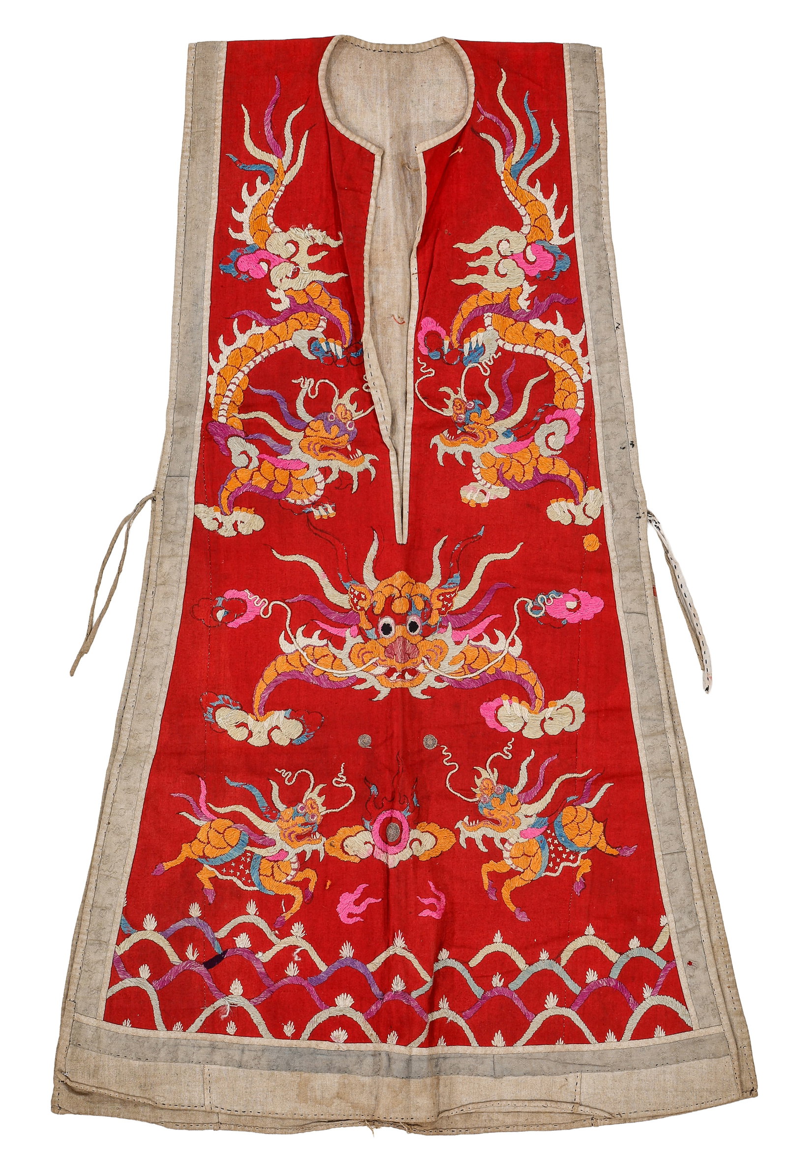 Dao Quan Chet Priest's Dragon Vestment, Vietnam, Early/Mid 20th C.: Dao Quan Chet Priest's Dragon Vestment, Vietnam, Early/Mid 20th C. Size: 1'2'' x 3'1'' (36 x 94 cm). Silk embroidery on cotton.