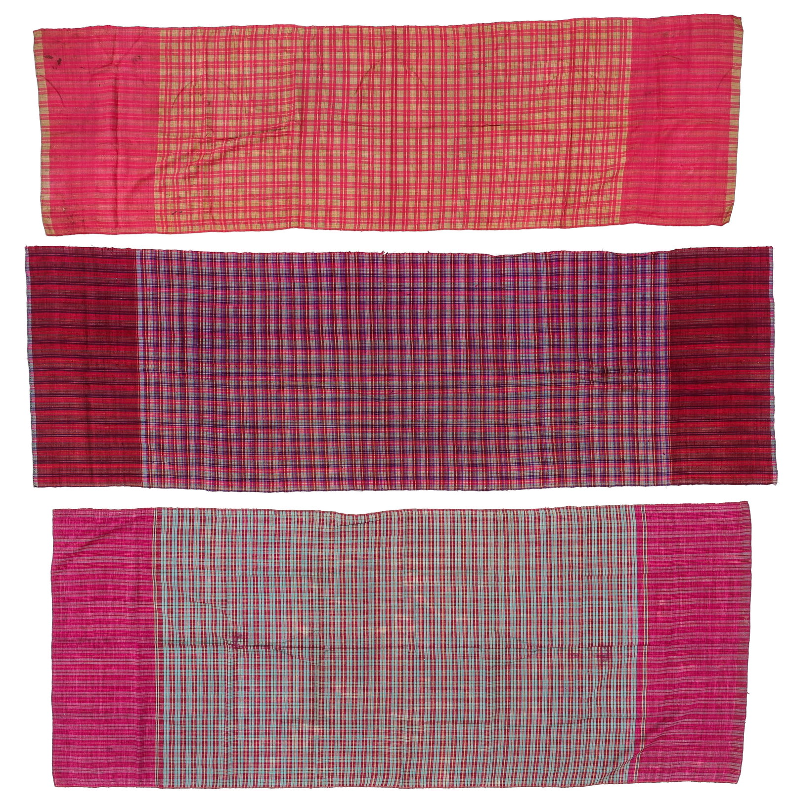 Three Southeast Asian Cotton Plaid Cloths, Early/Mid 20th C.: Three Southeast Asian Cotton Plaid Cloths, Early/Mid 20th C. Ranging in size from: 1'6'' x 5'2'' (46 x 157 cm) to 1'9'' x 5'6'' (53 x 168 cm).