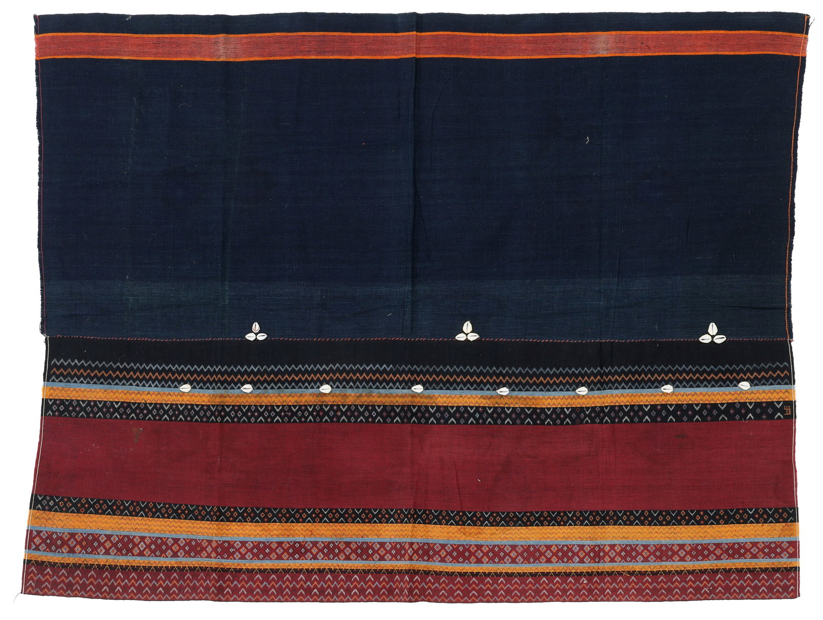 Haka Chin Woman's Skirt Cloth (Hni Tial), Burma, Early 20th C.: Haka Chin Woman's Skirt Cloth (Hni Tial), Burma, Early 20th C. Size: 4'0'' x 3'3'' (122 x 99 cm). Cotton and silk with silk supplementary weft weave, cowry shells.