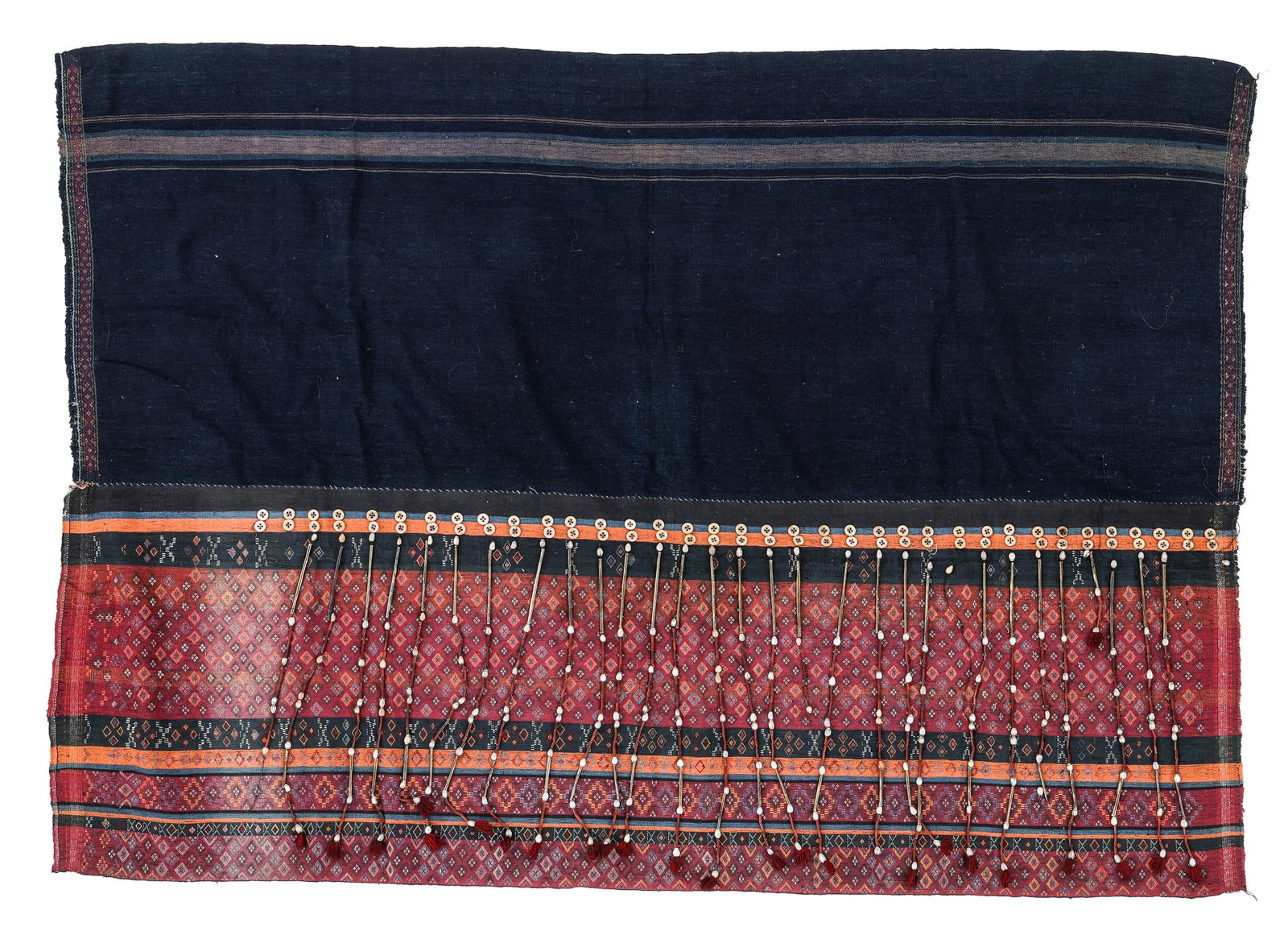 Haka Chin Skirt Cloth (Thi Hni), Burma, Early/Mid 20th C.: Haka Chin Skirt Cloth (Thi Hni), Burma, Early/Mid 20th C. Size: 3'11'' x 2'10'' (119 x 86 cm). Cotton with silk supplementary weave, job's tear seed and glass beads.
