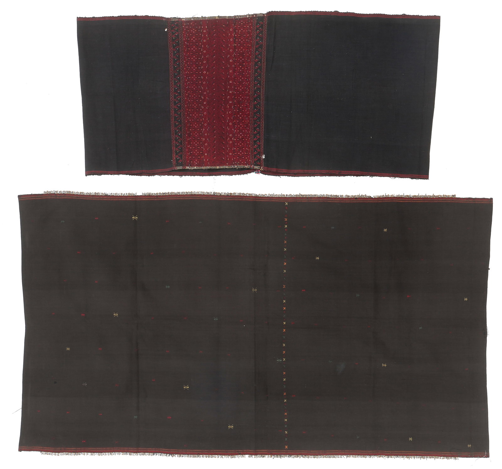 Khumi Chin Beaded Tube Skirt and Kachin Sarong Textile, Burma: Khumi Chin Beaded Tube Skirt and Kachin Sarong Textile, Burma. Size: 2'8'' x 1'2'' (81 x 36 cm); 3'7'' x 2'0'' (109 x 61 cm). Cotton. Uncut.