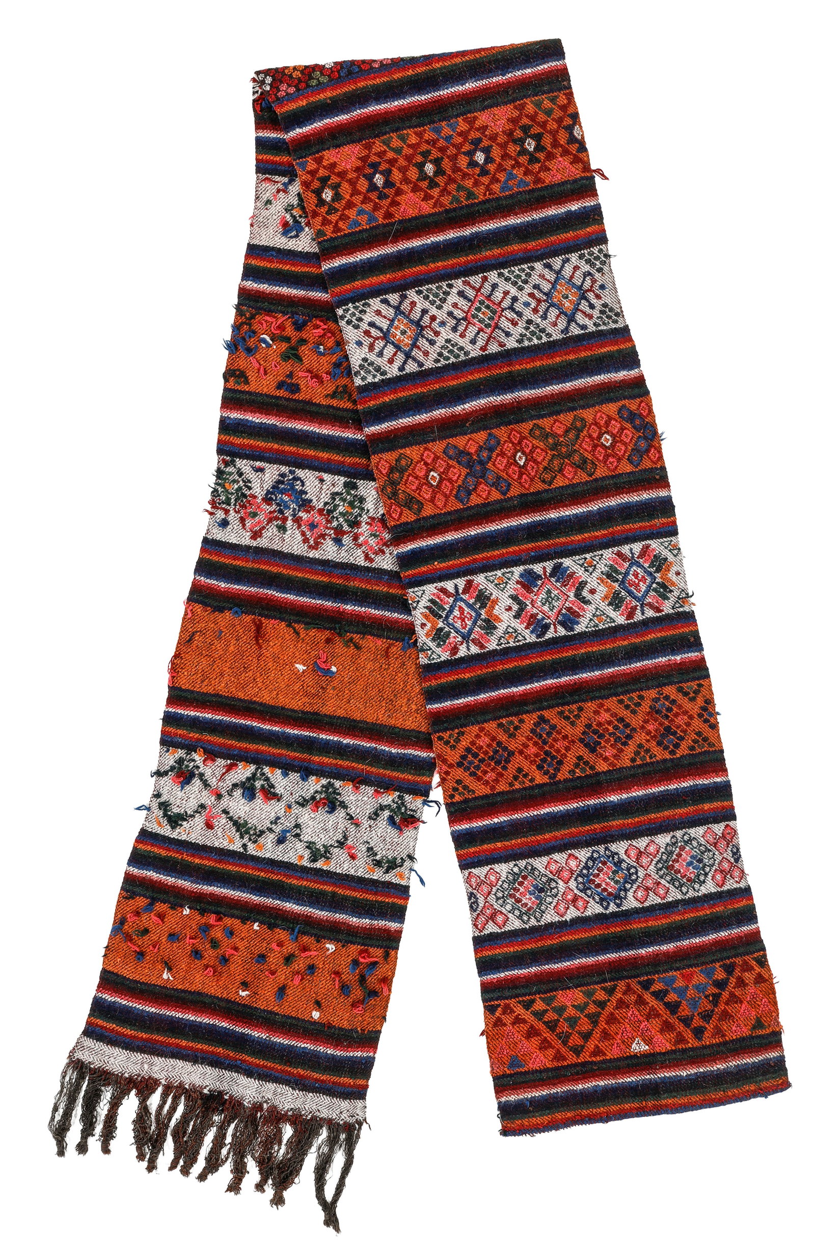 Bhutanese Wool Kira Textile, 20th C.: Bhutanese Wool Kira Textile, 20th C. Size: 1'5'' x 10'8'' (43 x 325 cm). Wool with supplementary weave.