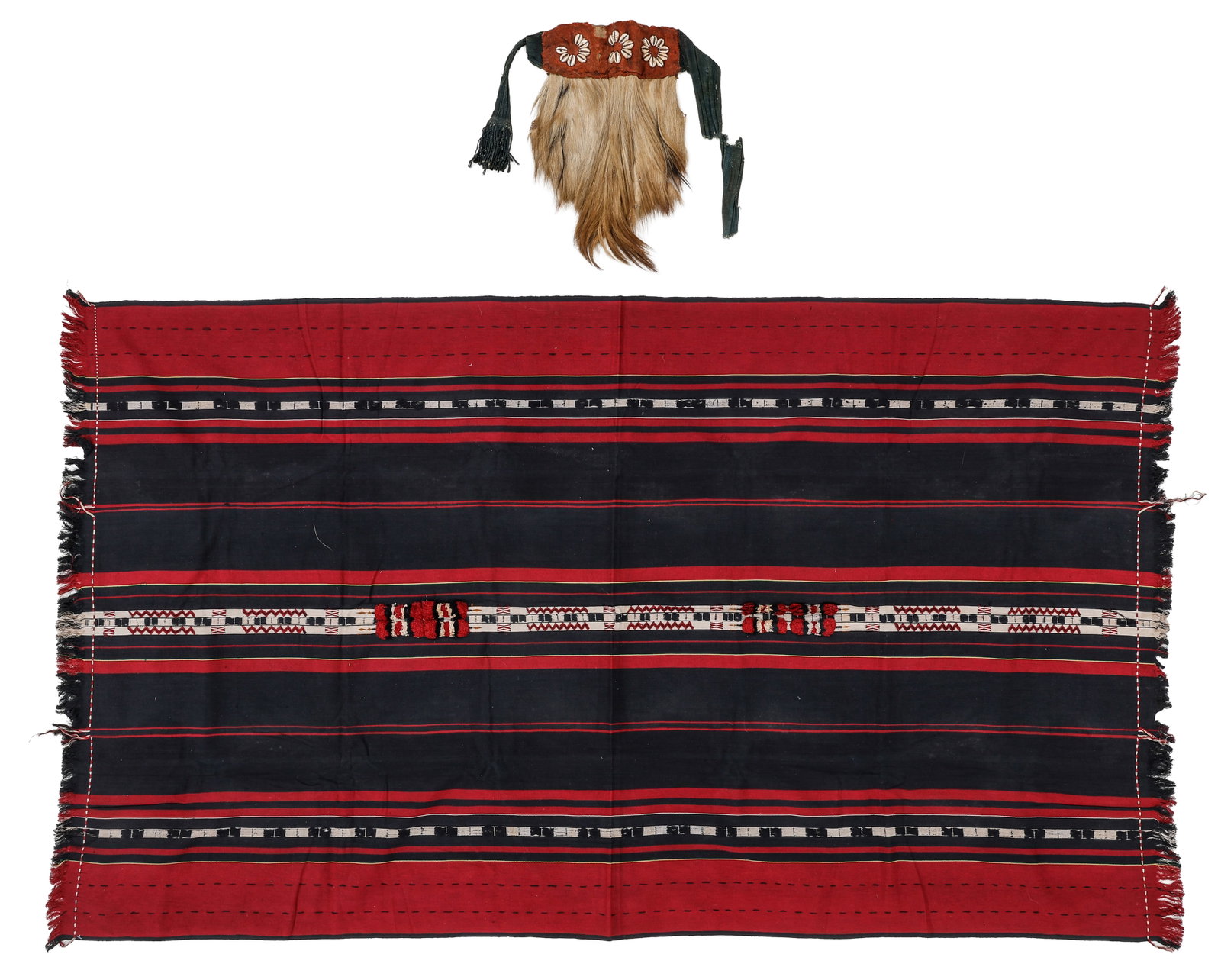Ao Naga Body Cloth and Angora Goat Hide Apron, NE India: Ao Naga Body Cloth and Angora Goat Hide Apron, NE India. Sizes: 1) 0'9'' x 1'4'' (23 x 41 cm); 2) 3'5'' x 5'10'' (104 x 178 cm). Cotton. Goat hide with hair, cowry shell ornament.