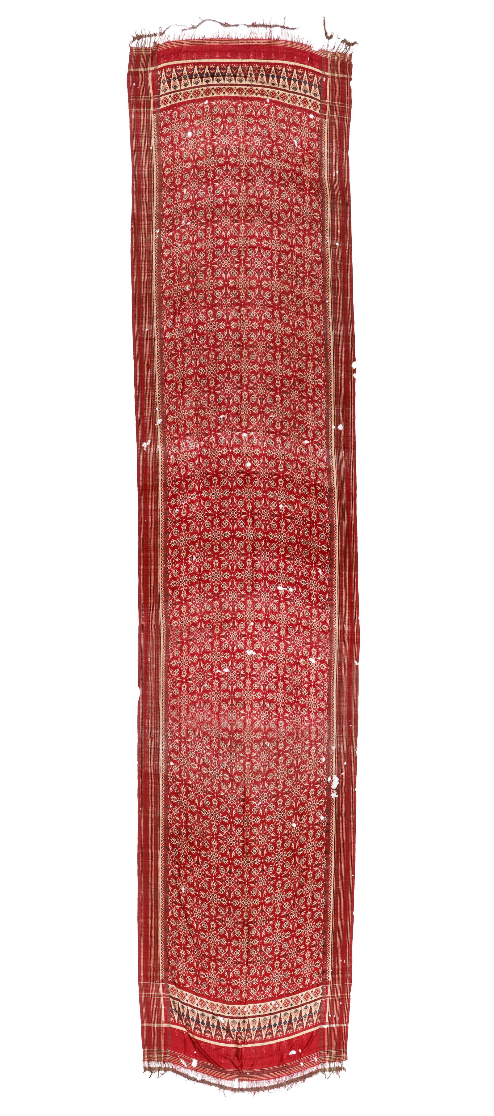 Antique Indian Patola Silk Ikat Textile, 19th C.: Antique Indian Patola Silk Ikat Textile, 19th C. With "jlamrang" or eight-pointed star design, silk double ikat, Gujarat, produced for the Javanese market. Size: 3'7'' x 16'6'' (109 x 503 cm).