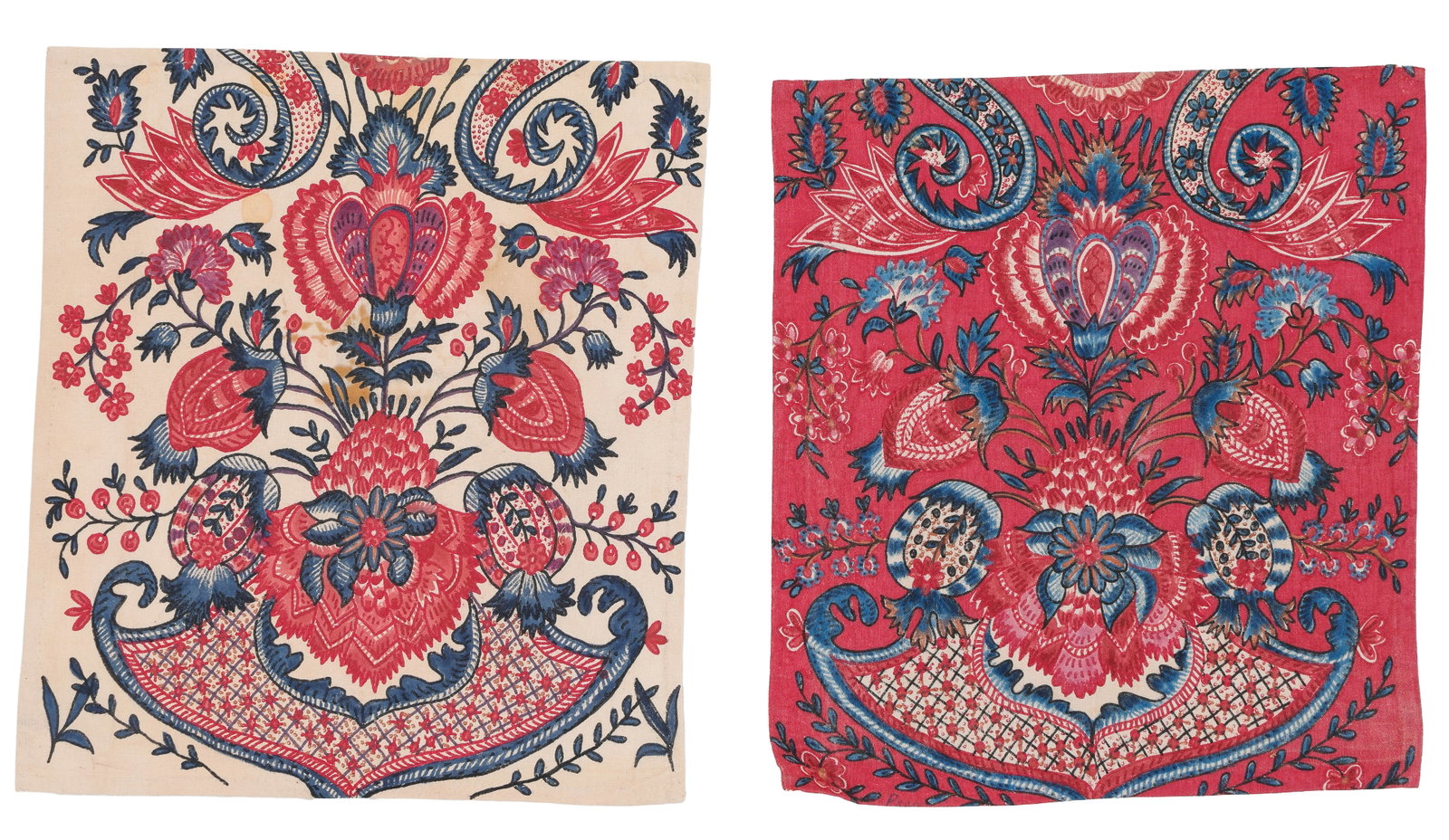 Two Painted and Dyed Chintz Panels, India for Dutch Market, 19th C.: Two Painted and Dyed Chintz Panels, India for Dutch Market, 19th C. Each 0'10.5'' x 1'0'' (27 x 30 cm). Cotton twill hand-drawn and dyed with a floral, foliate, and scrolling symmetrical pattern recal