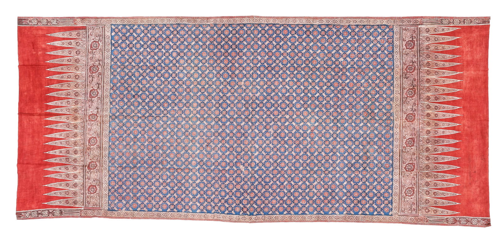 Indian Export for Indonesian Market Painted and Dyed Cotton Skirt Cloth, 18th C.: Indian Export for Indonesian Market Painted and Dyed Cotton Skirt Cloth, 18th C. Size: 3'6'' x 8'2'' (107 x 249 cm). Hand-drawn central pattern of rosettes in a diaper pattern in shades of blue and re