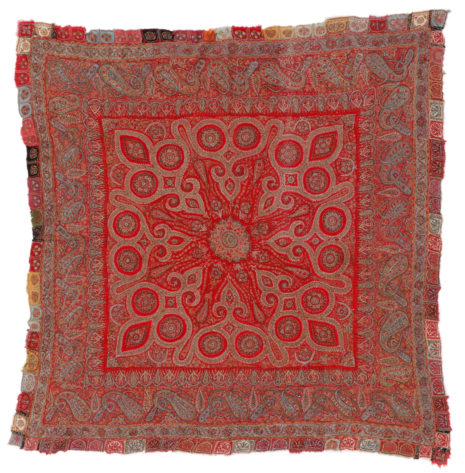 Kashmir Paisley Wool Shawl, India, 19th C.: Kashmir Paisley Wool Shawl, India, Late 19th C. 5'8'' x 5'7'' (173 x 170 cm). Wool, woven and embroidered.